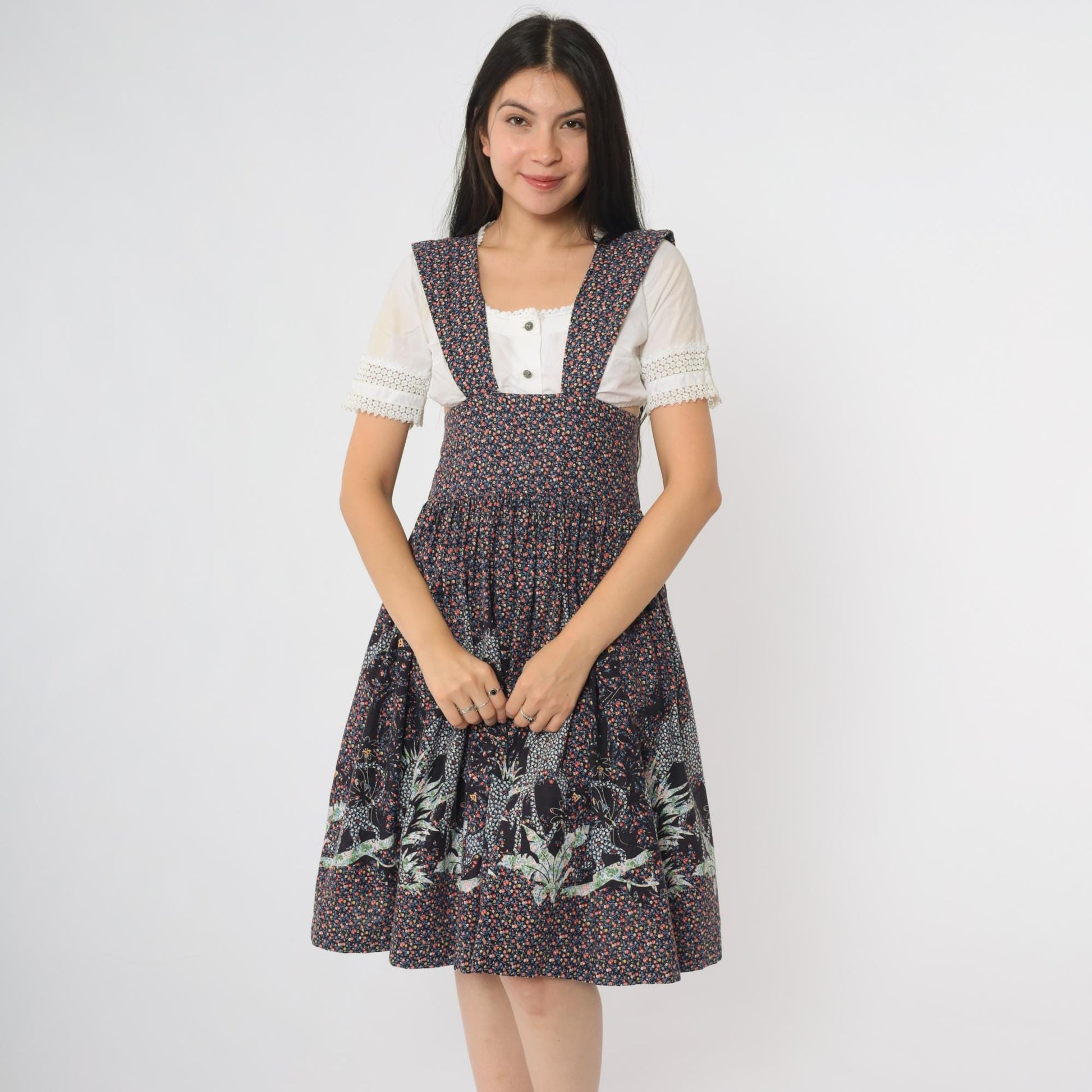 80s Giraffe Print Pinafore Dress Navy Full Circle Skirt Cotton Midi Small