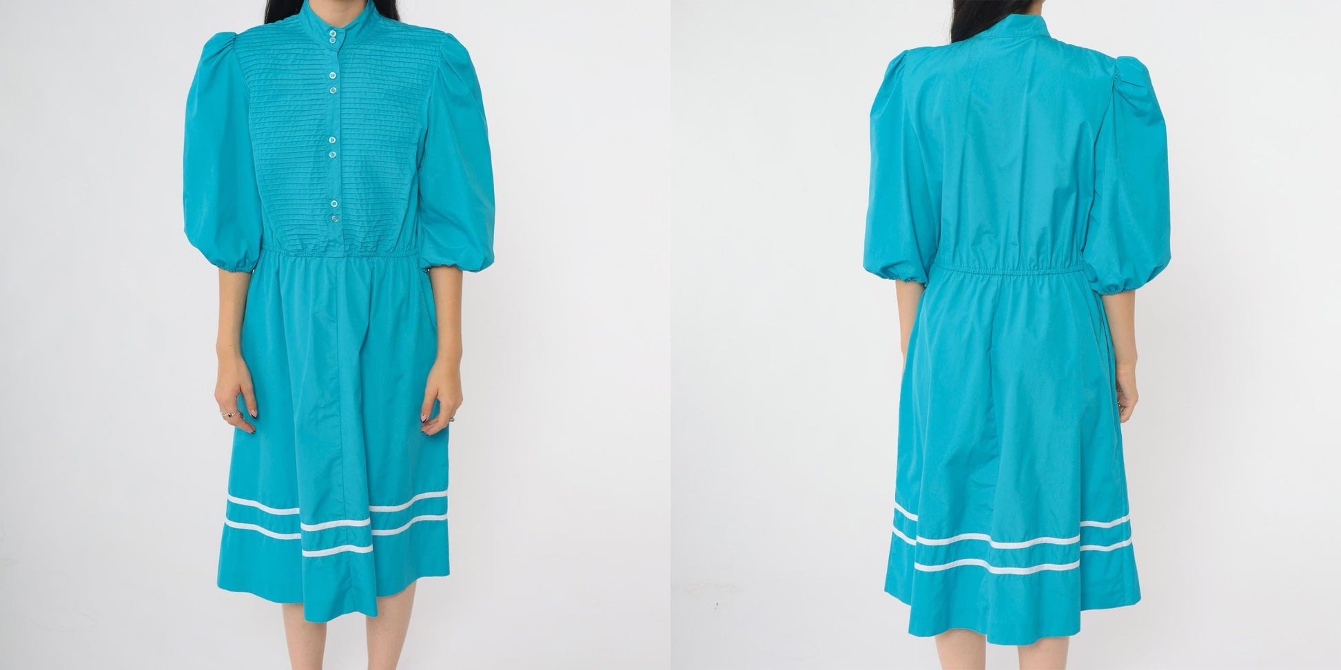 80s Turquoise Midi Dress Puff Sleeve Button Front Pintuck Bodice Medium
