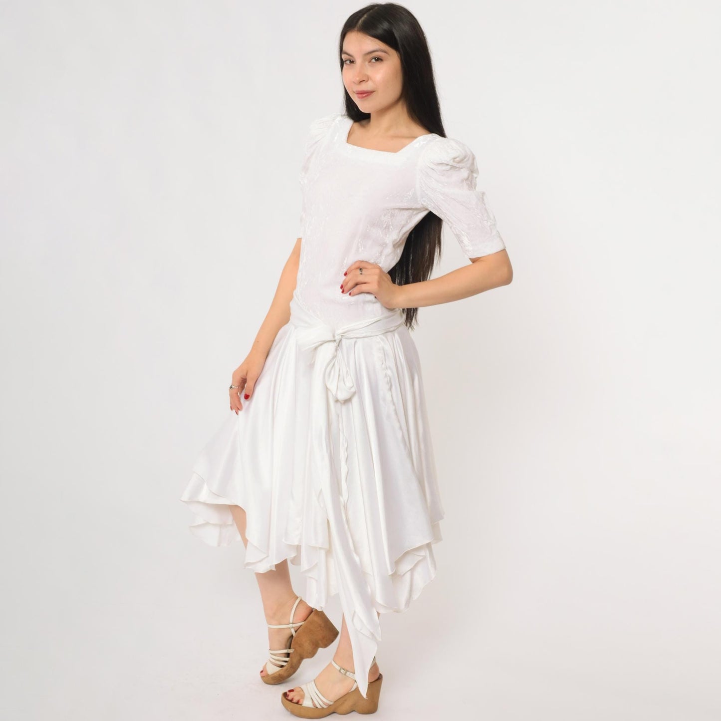 80s White Puff Sleeve Dress Square Neck Wrap Bodice Handkerchief Hem Extra Small XS