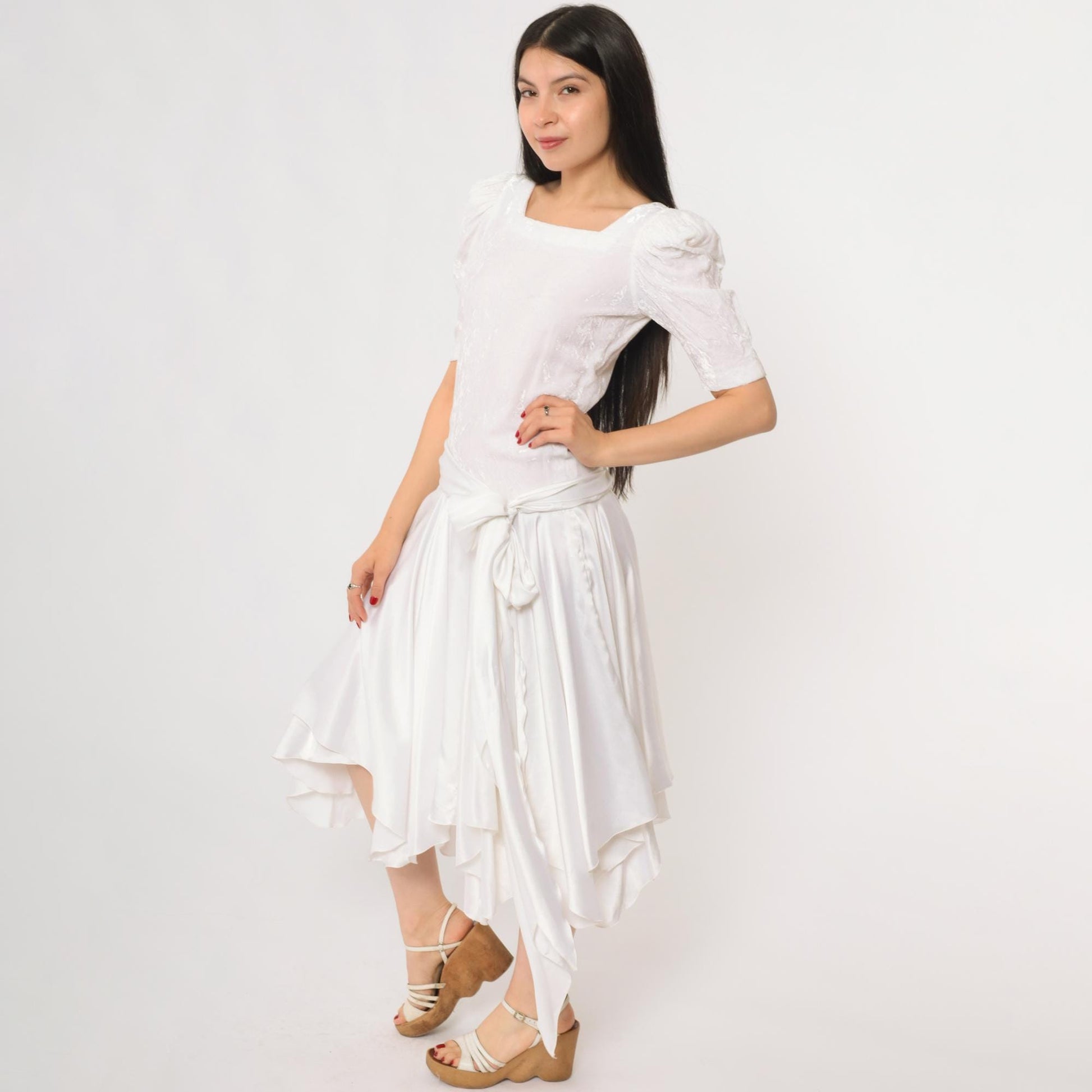 80s White Puff Sleeve Dress Square Neck Wrap Bodice Handkerchief Hem Extra Small XS