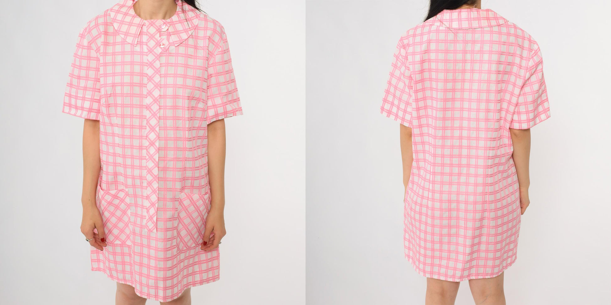 1960s Pink Plaid Shift Dress Peter Pan Collar Button Front Large L