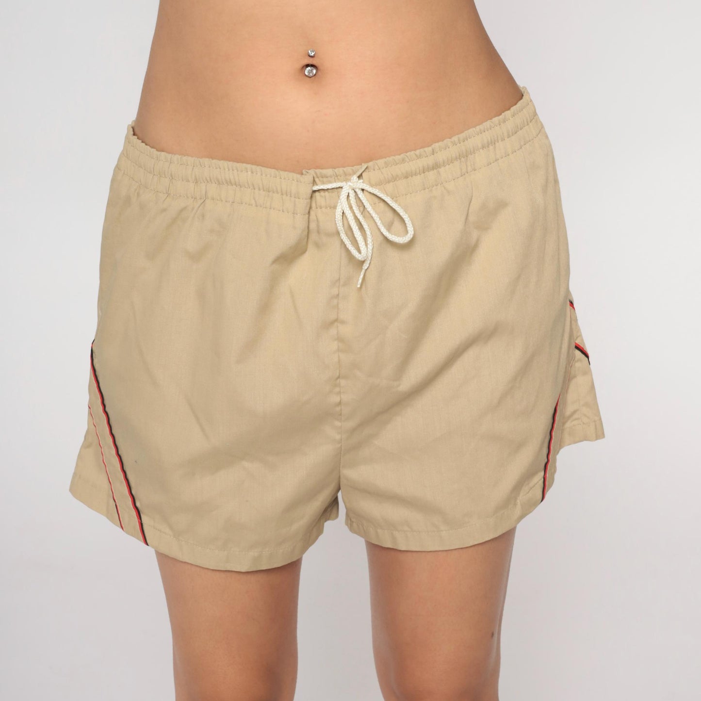 80s Tan Swim Shorts Red Trim Athletic Drawstring Cotton Nylon Medium