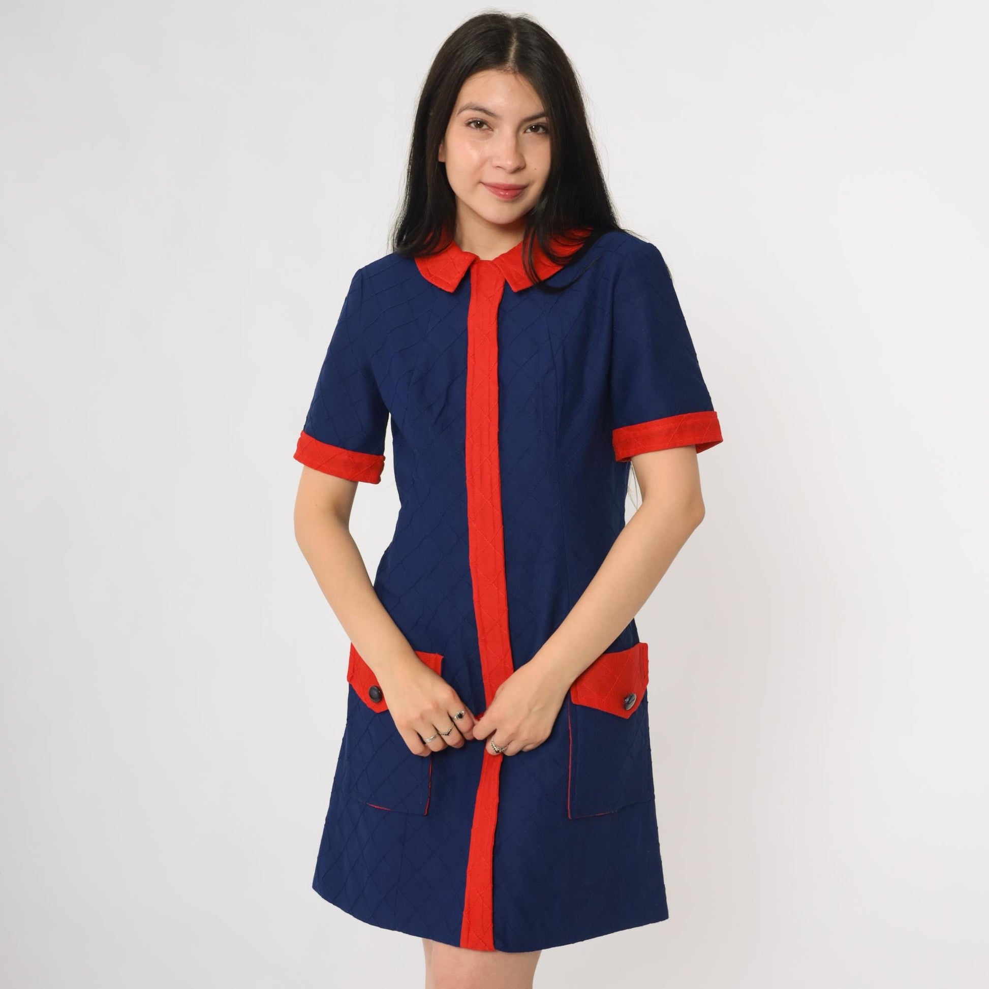 60s Mod Mini Dress Navy Red Colorblock Peter Pan Collar Shift Medium M