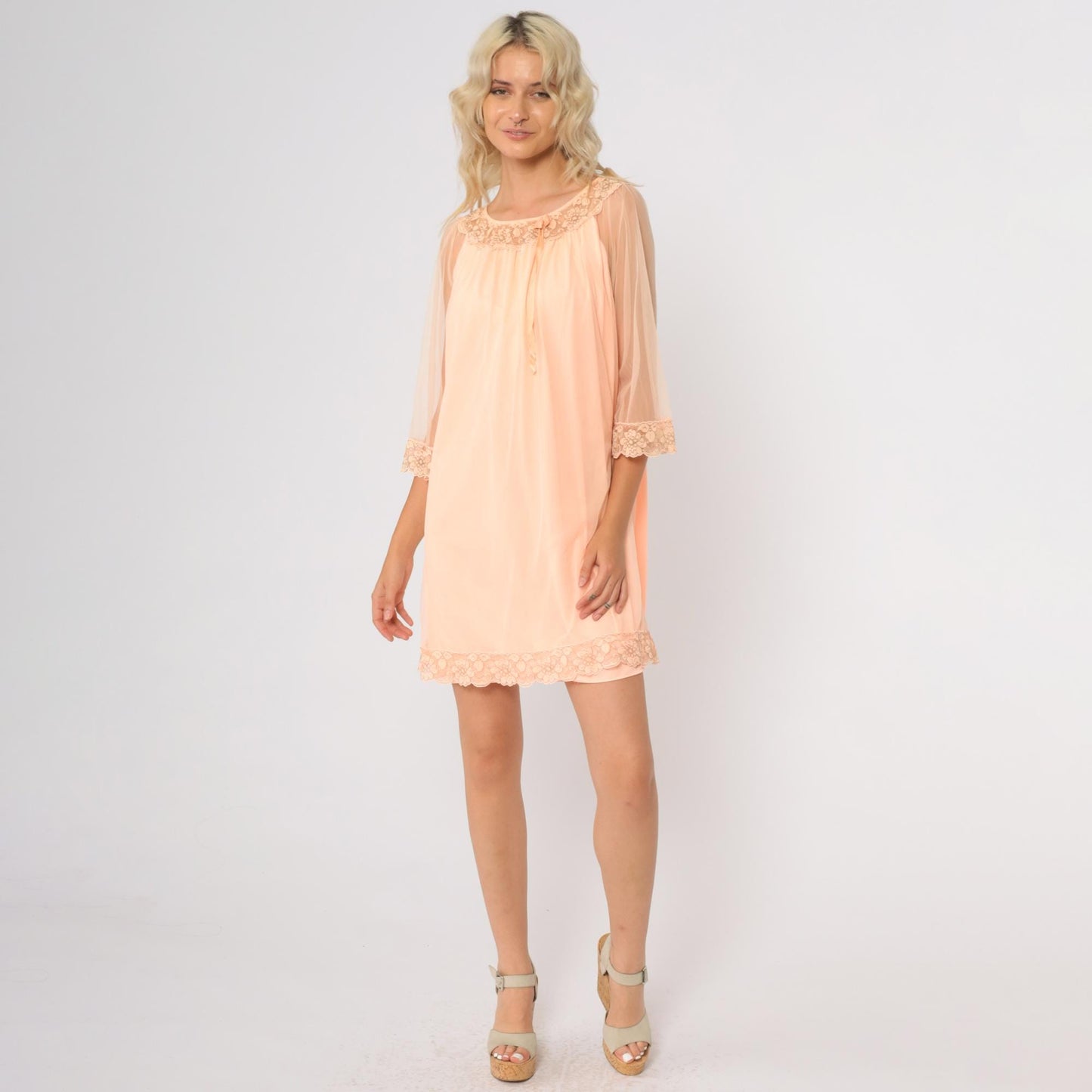 70s Avian Peach Babydoll Nightgown Lace Trim Mini Lingerie Large L