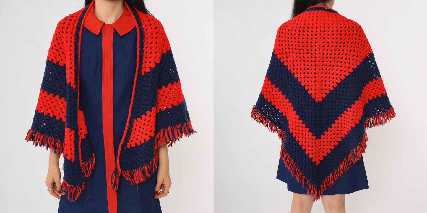 70s Crochet Shawl Red Navy Granny Square Triangle Poncho Fringe One Size