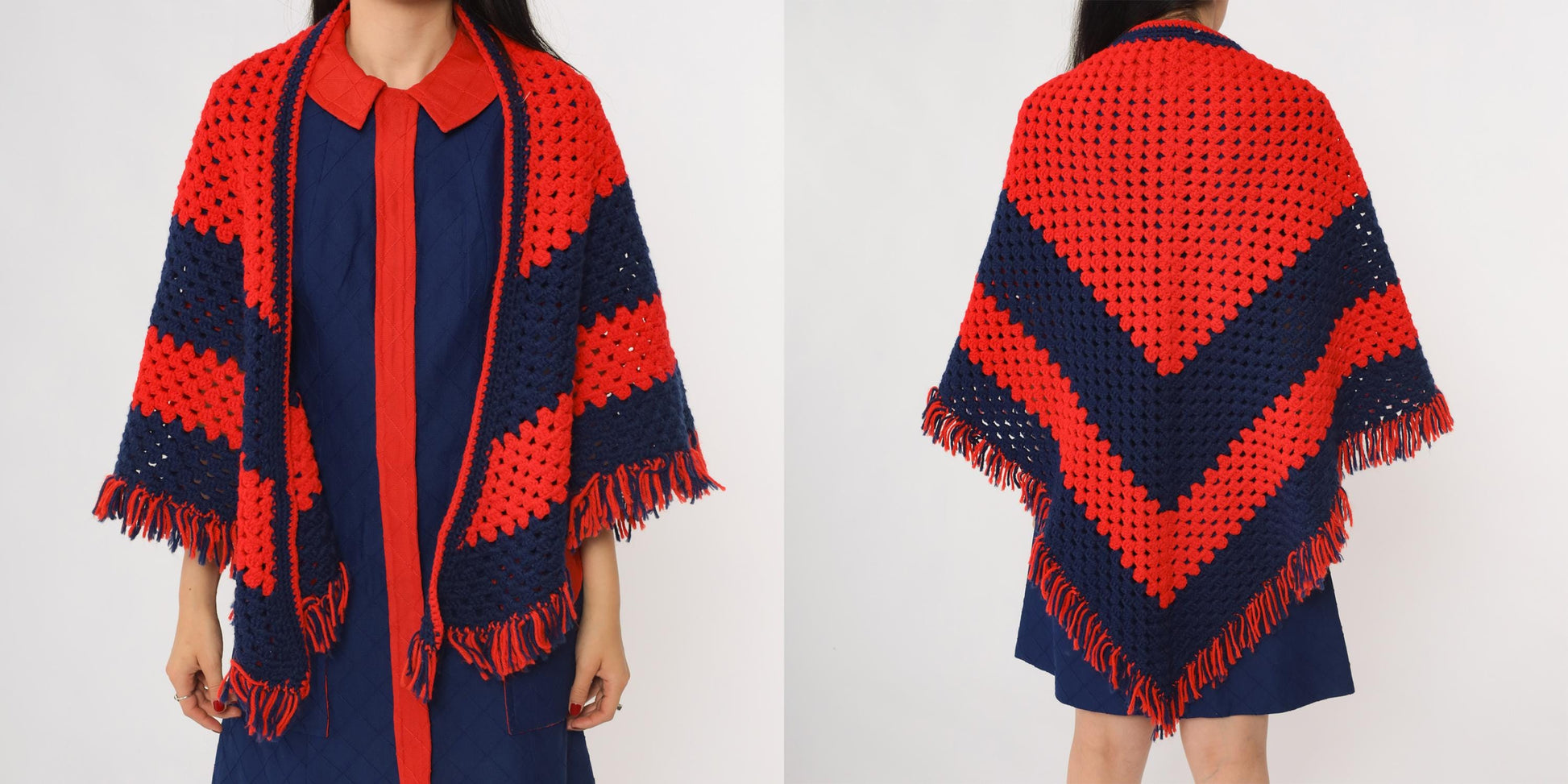 70s Crochet Shawl Red Navy Granny Square Triangle Poncho Fringe One Size