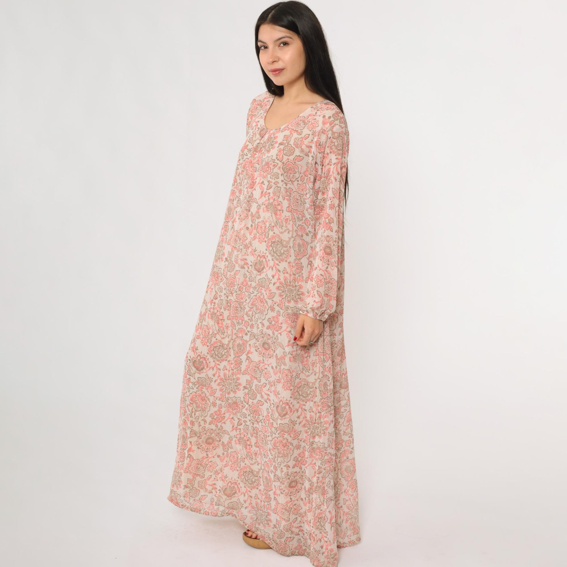 70s Paisley Floral Maxi Dress Pink Brown Long Sleeve Caftan V-Neck Medium Large