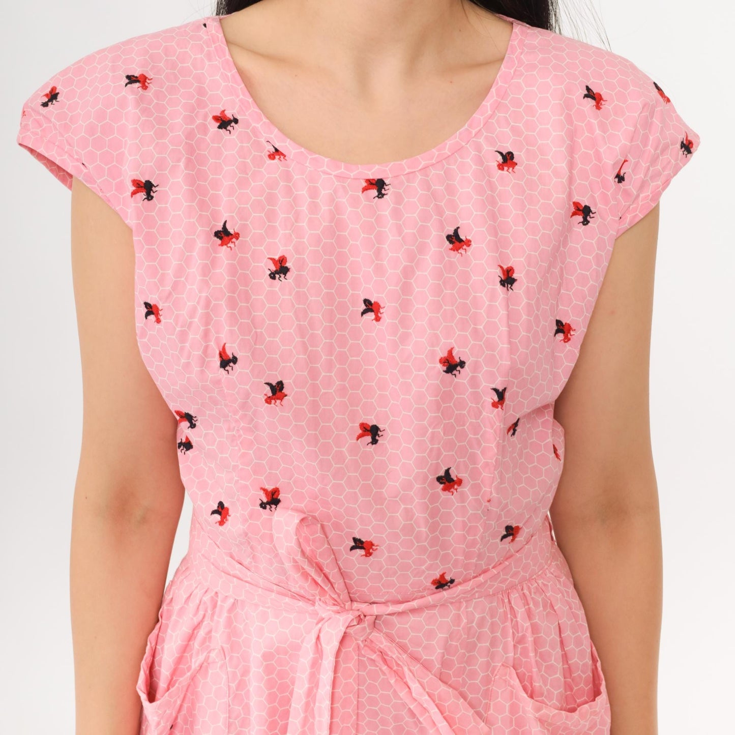 70s Bee Honeycomb Print Wrap Dress Pink Embroidered Cap Sleeve Midi Medium Large
