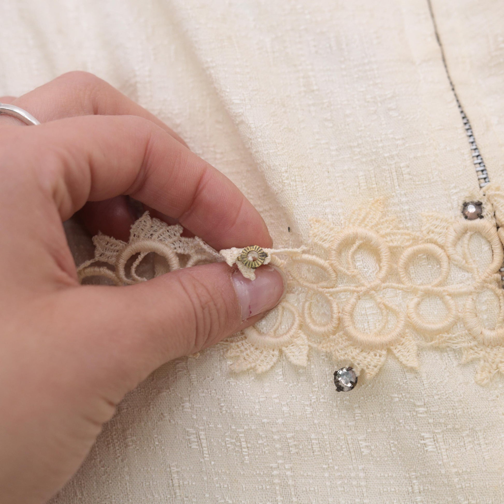 60s Ivory Cocktail Dress V Neck Beaded Belted Midi Fit Flare Extra Small