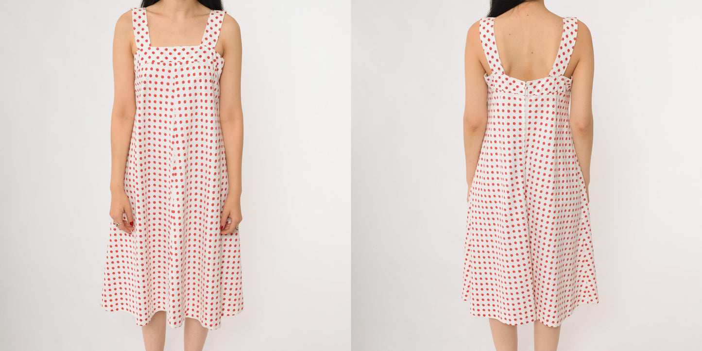 70s Apple Print Midi Dress White Red Novelty Fruit Sundress Small