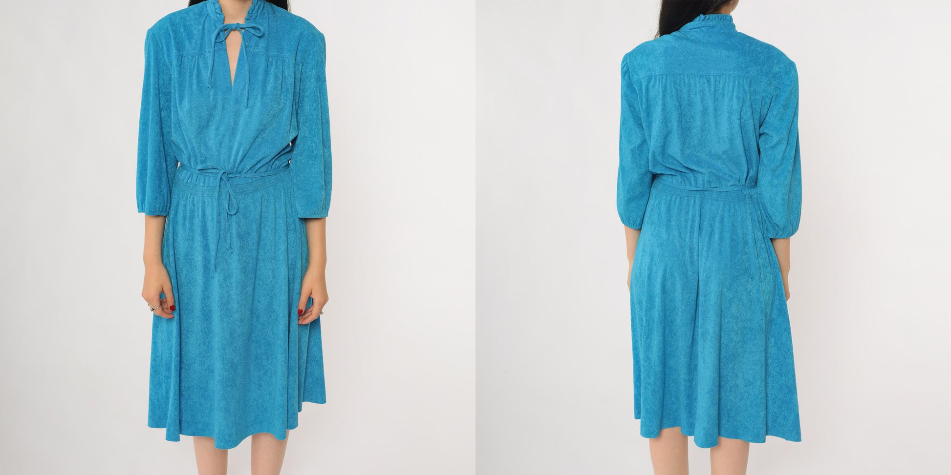70s Blue Terrycloth Dress Ruffle Tie Front Keyhole Three Quarter Sleeve Midi Large L