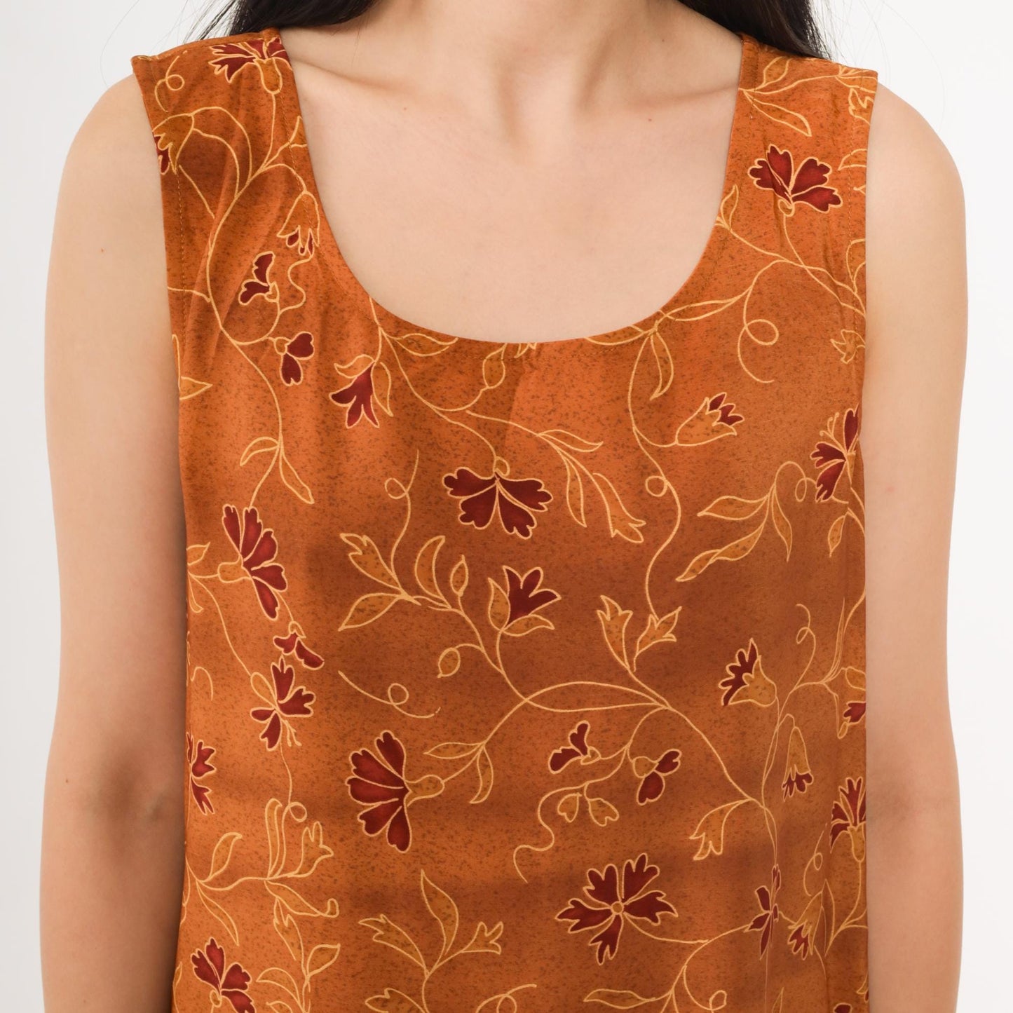 90s Burnt Sienna Floral Maxi Dress Sleeveless Tank Scoop Neck Large L