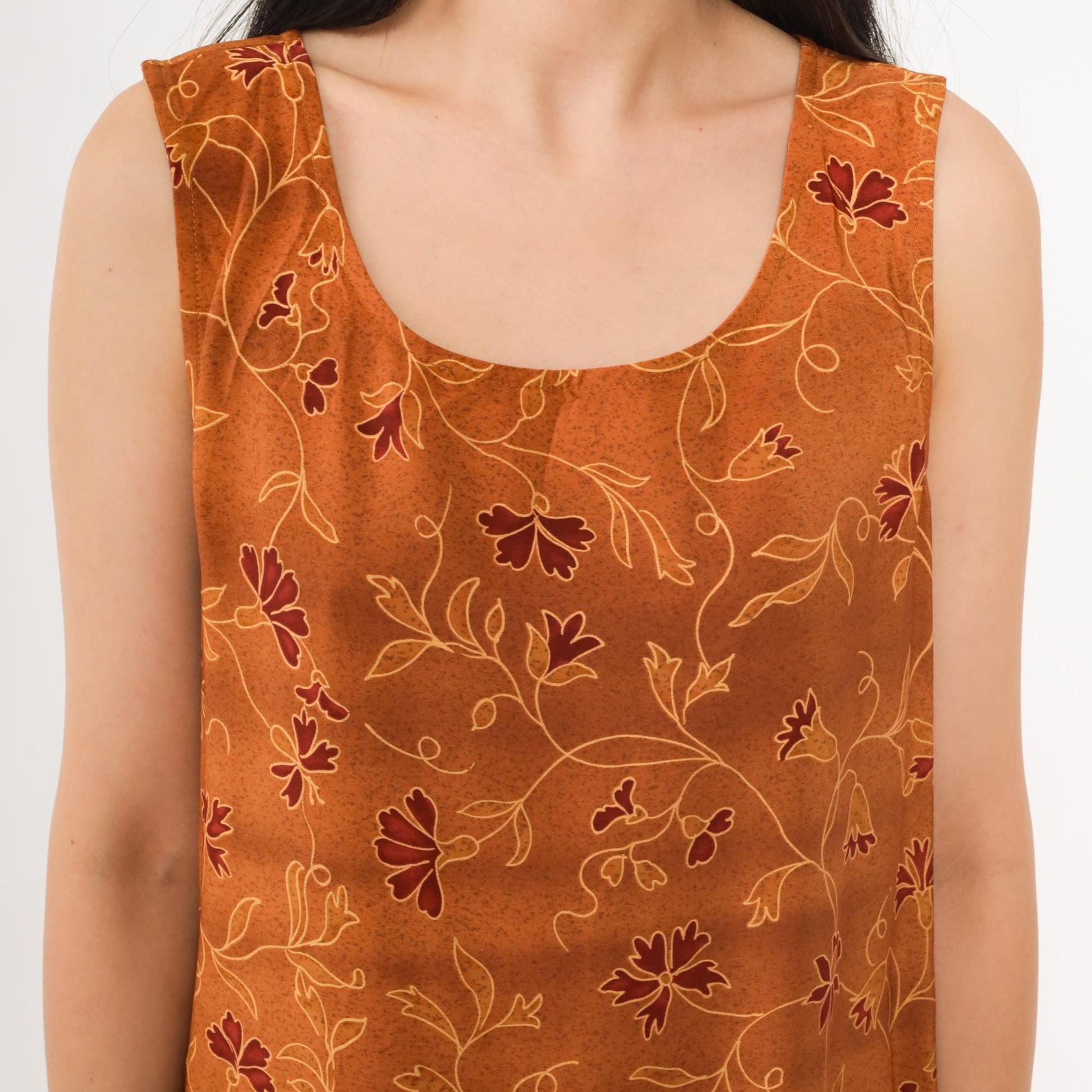 90s Burnt Sienna Floral Maxi Dress Sleeveless Tank Scoop Neck Large L