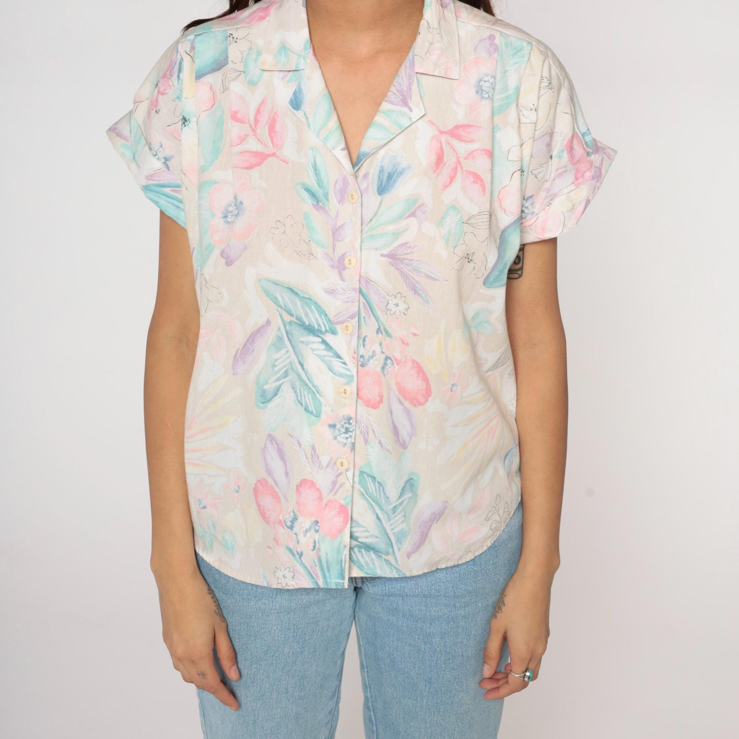 1990s Tapestry Pastel Floral Cotton Button-Up Shirt Short Sleeve Medium