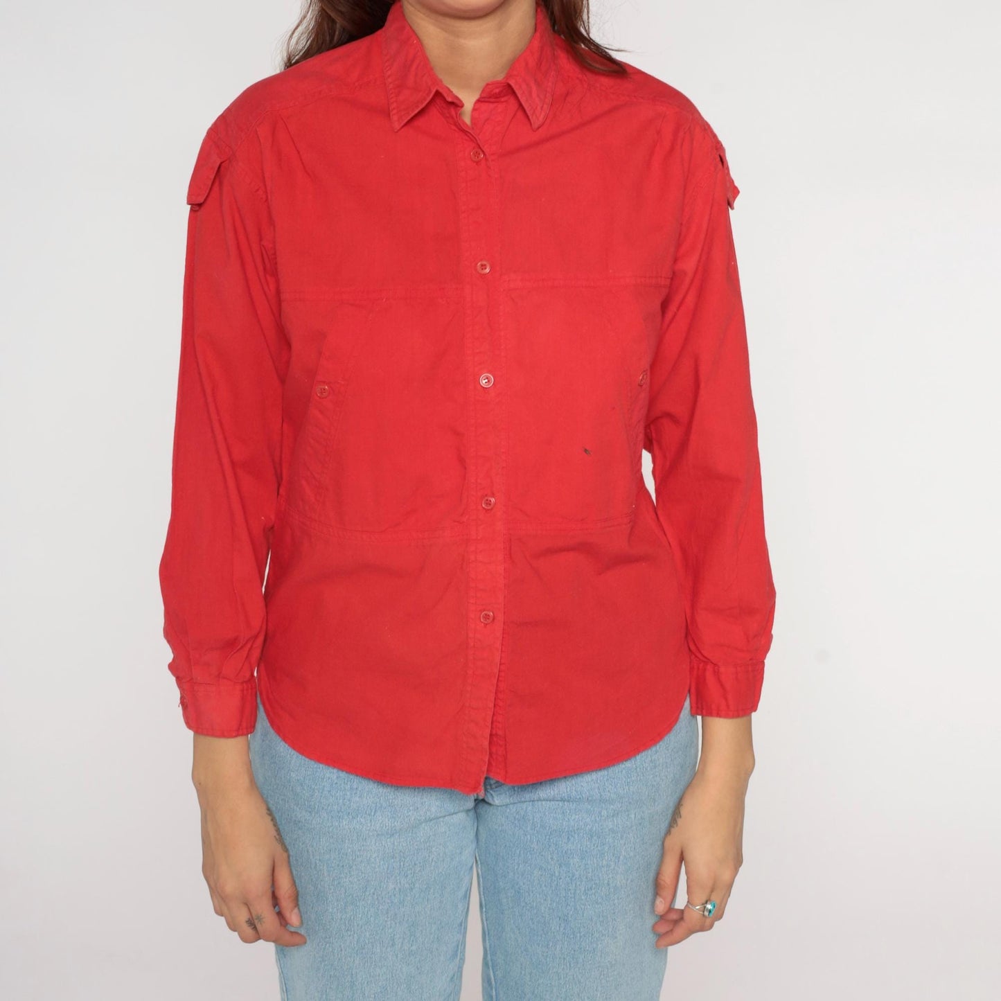90s Jozell II Red Cotton Button-Up Shirt Shoulder Tabs Medium