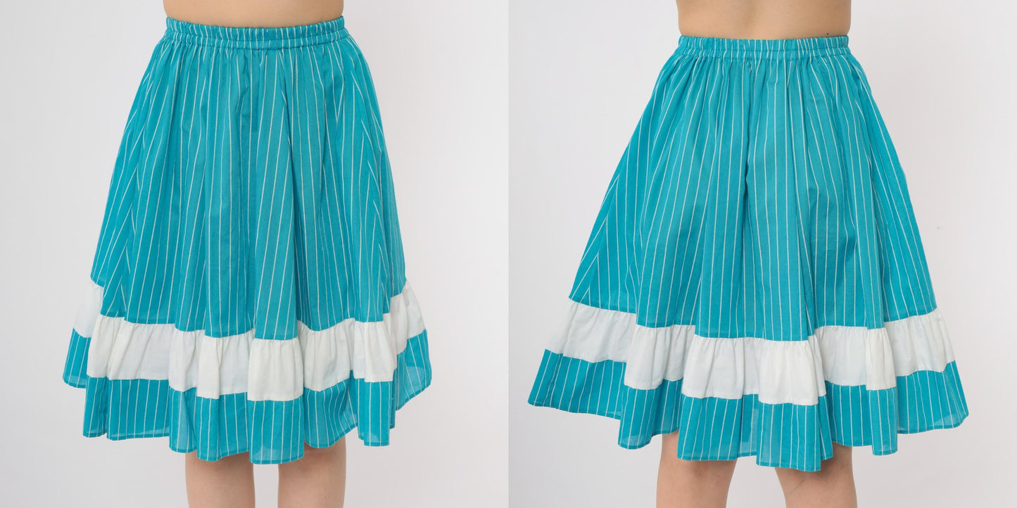 80s Kate Schorer Turquoise Striped Tiered Prairie Skirt Cotton Small