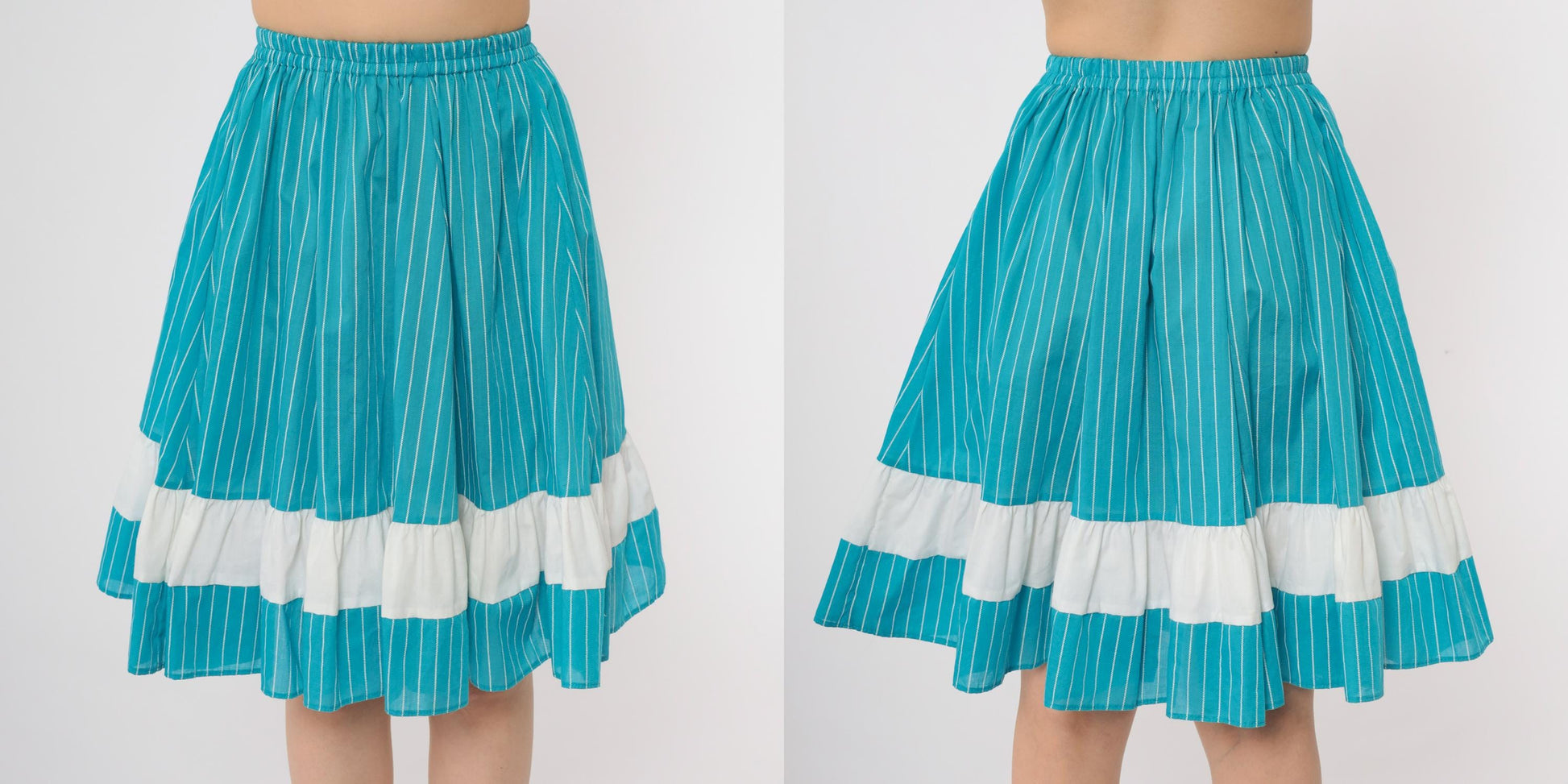 80s Kate Schorer Turquoise Striped Tiered Prairie Skirt Cotton Small