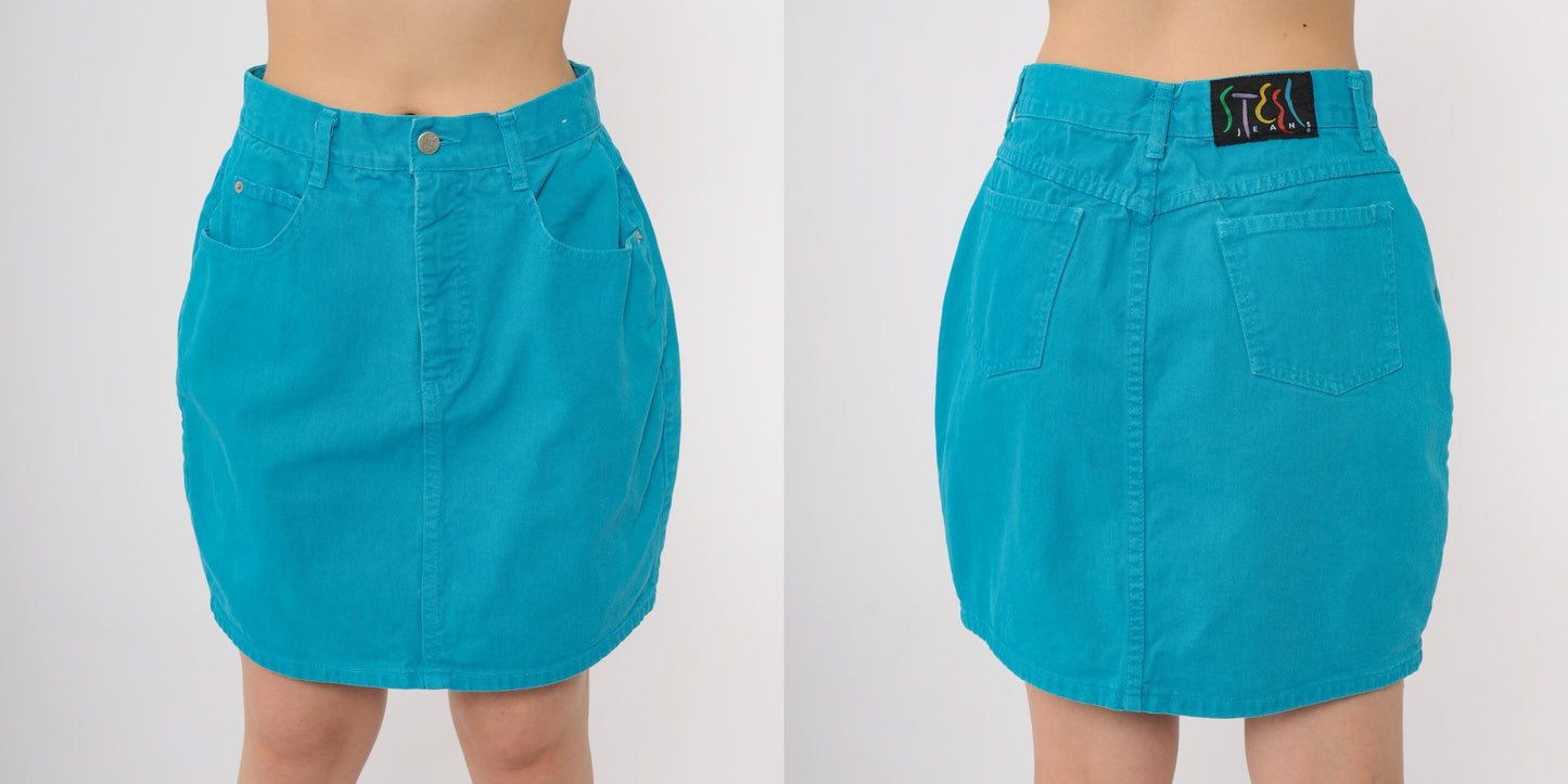 90s Steel Jeans Turquoise Denim Mini Skirt High Waisted A-Line Size 13