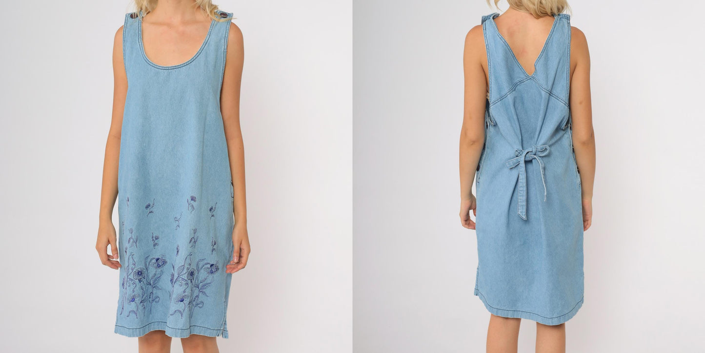 90s Monique Fashions Denim Jumper Dress Light Blue Floral Embroidered Midi Medium