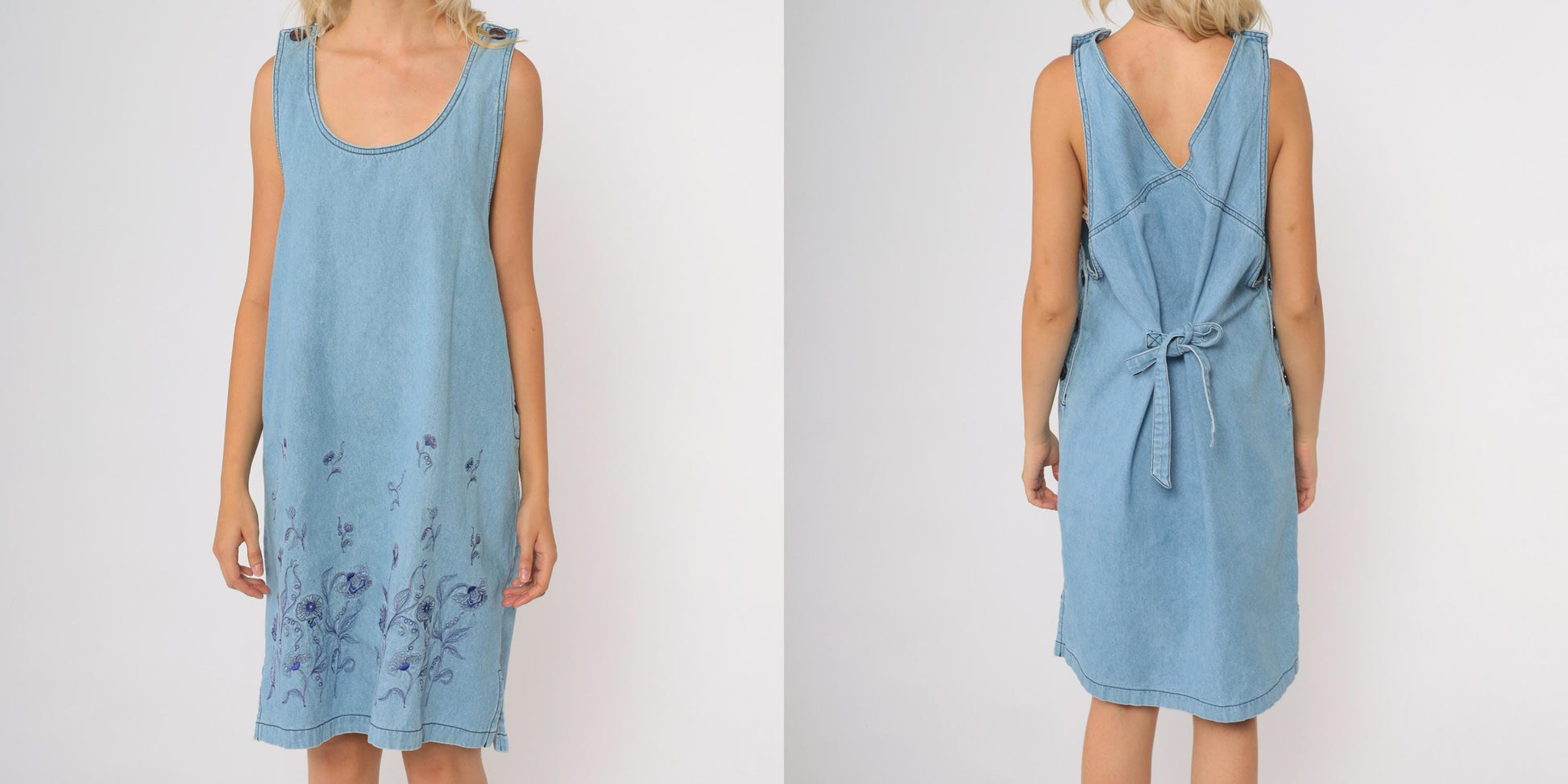 90s Monique Fashions Denim Jumper Dress Light Blue Floral Embroidered Midi Medium
