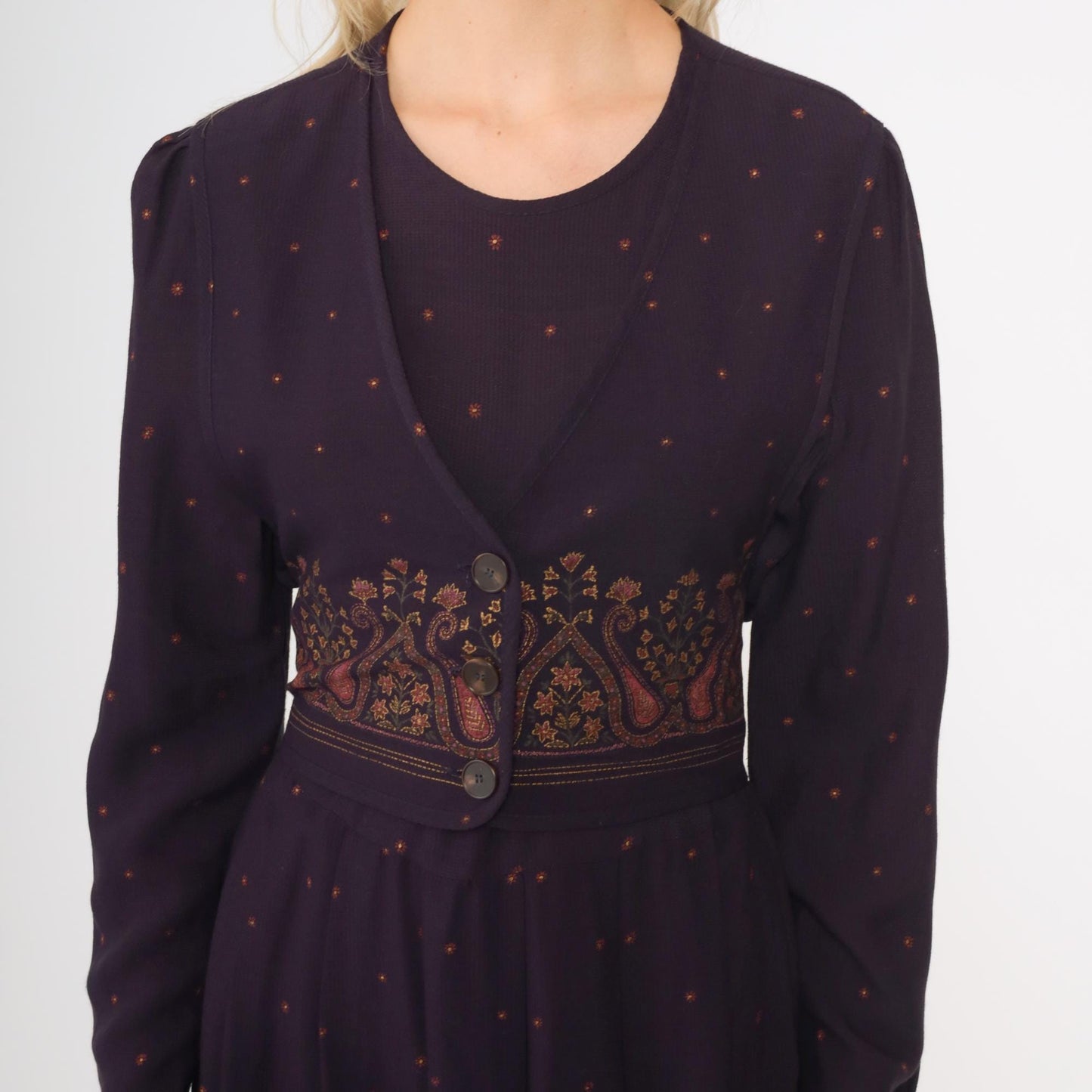 90s Dark Purple Maxi Dress Attached Vest Long Sleeve Paisley Border Small