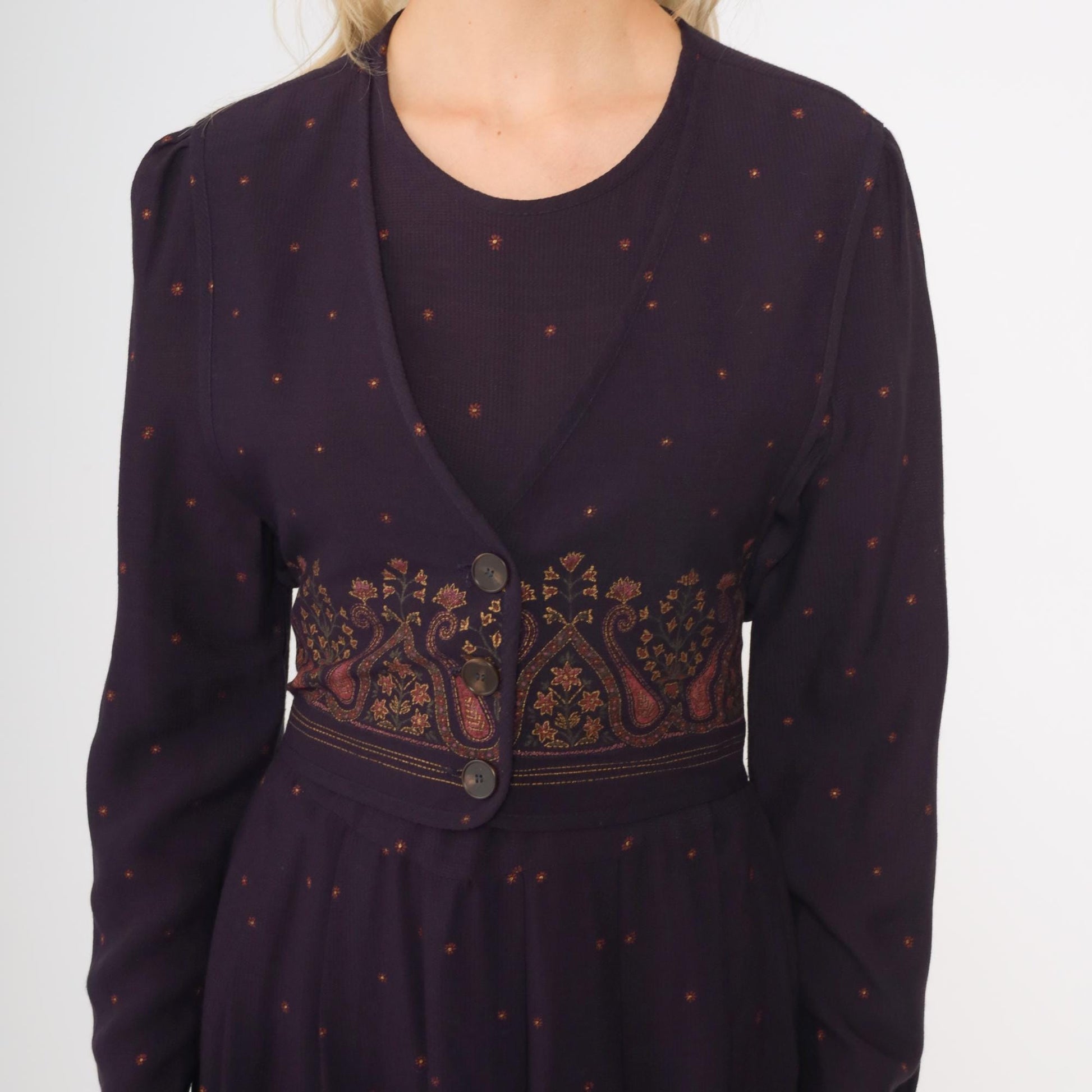 90s Dark Purple Maxi Dress Attached Vest Long Sleeve Paisley Border Small