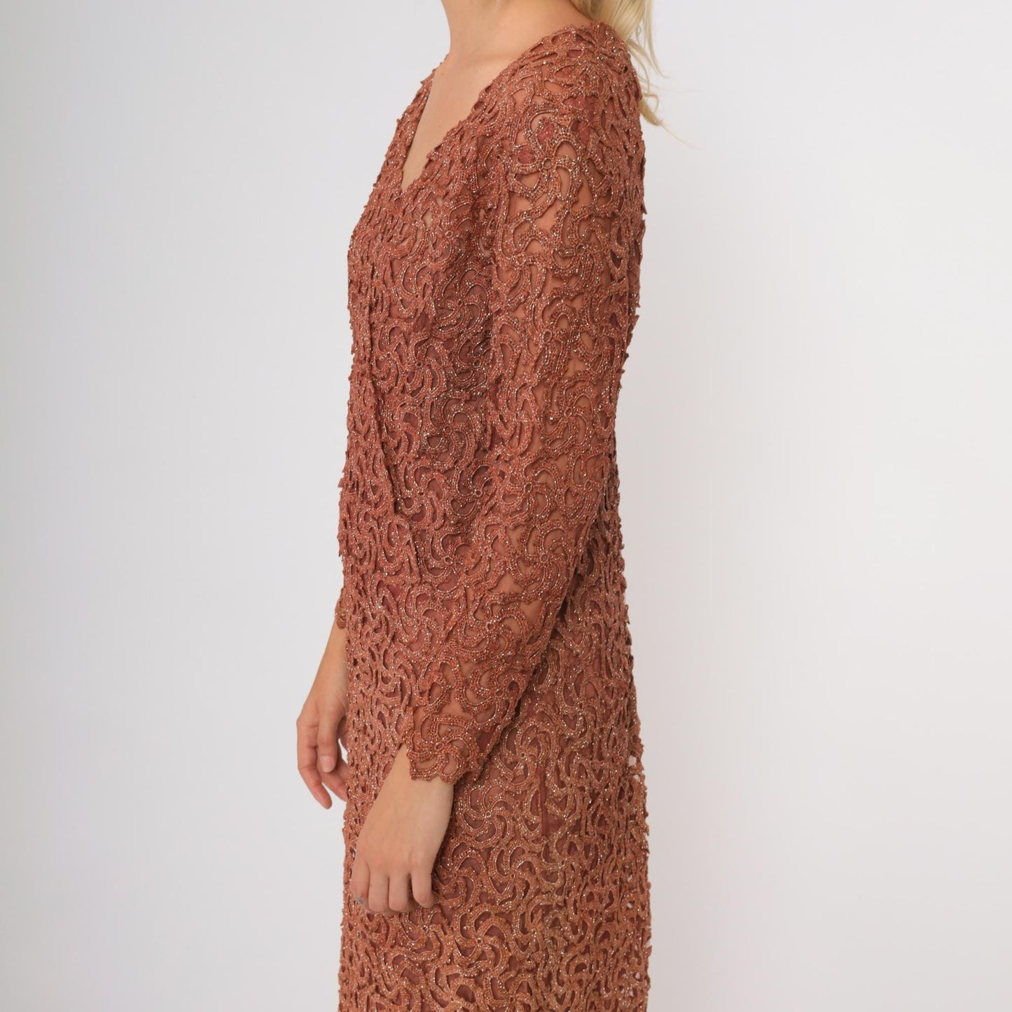 70s Copper Brown Metallic Lace Cocktail Dress Long Sleeve Scalloped Midi Medium