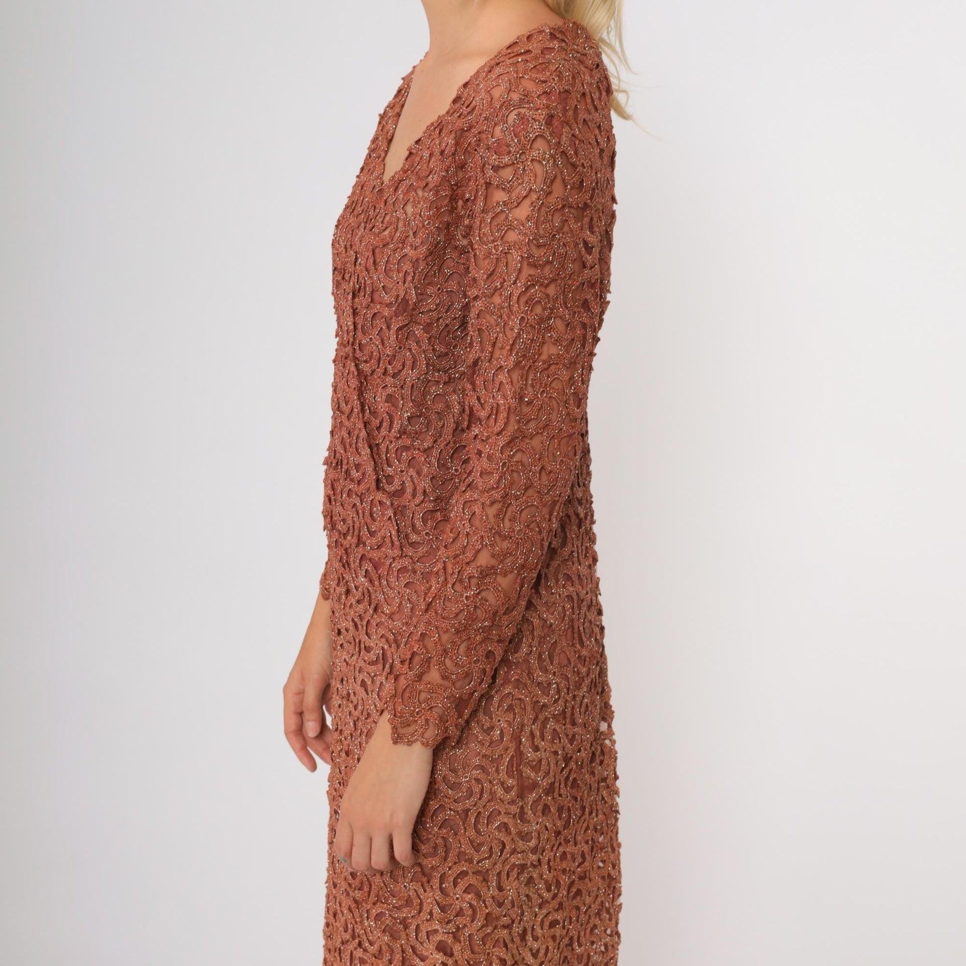 70s Copper Brown Metallic Lace Cocktail Dress Long Sleeve Scalloped Midi Medium