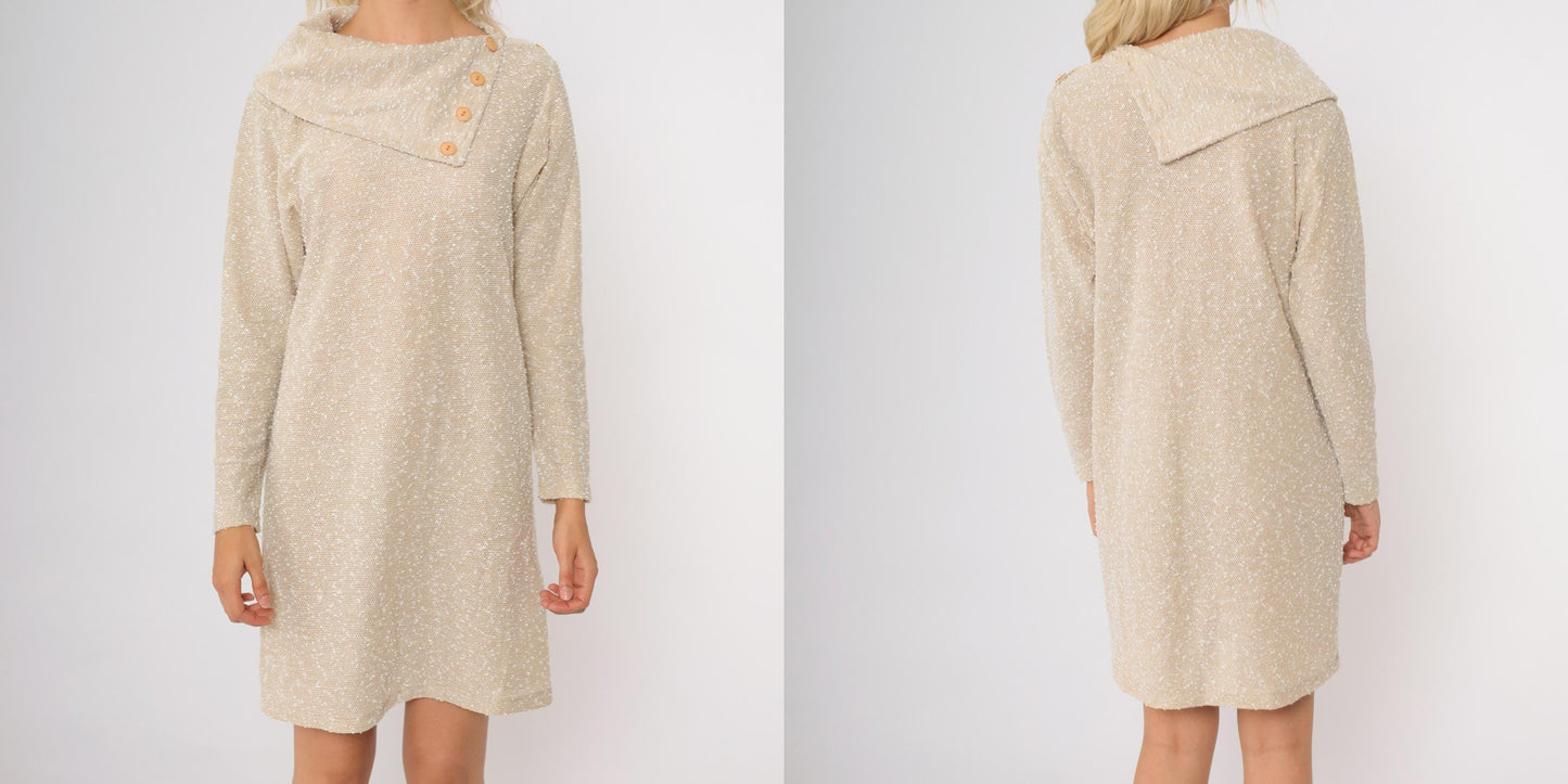 80s Beige Knit Shift Dress Asymmetrical Collar Long Sleeve Knee Length Medium M