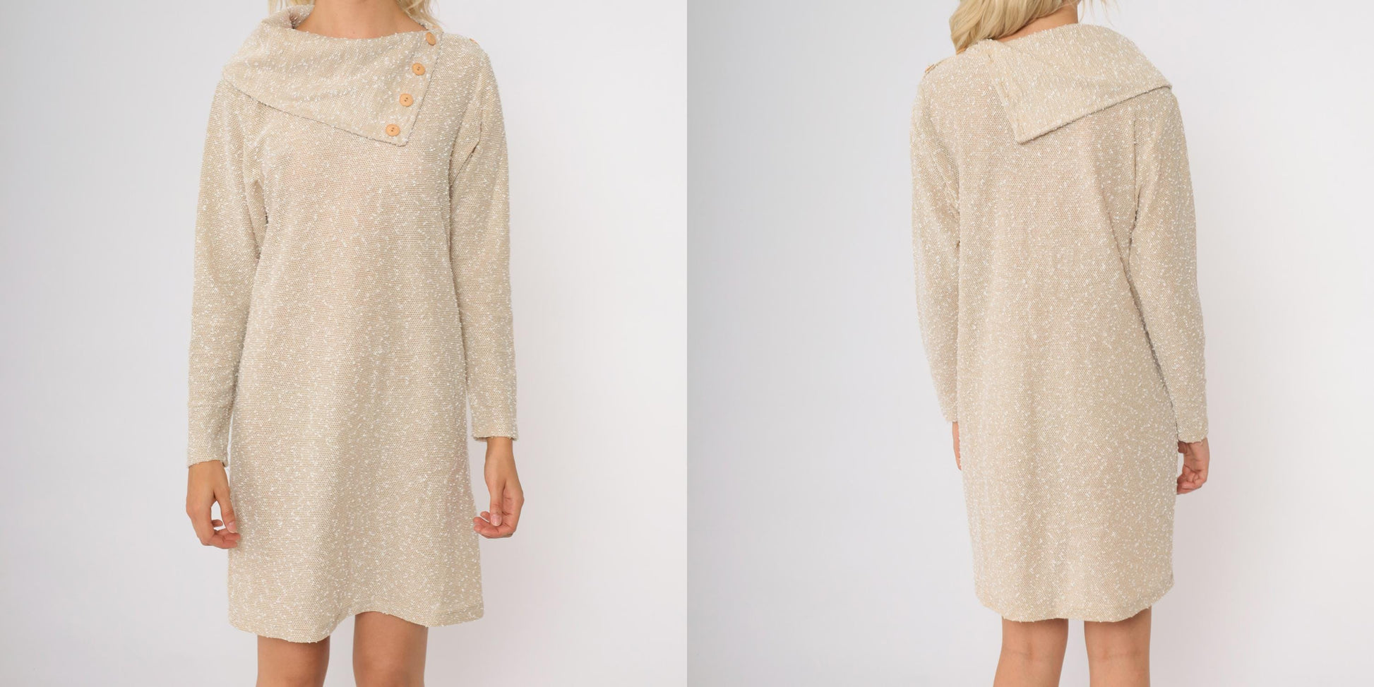 80s Beige Knit Shift Dress Asymmetrical Collar Long Sleeve Knee Length Medium M