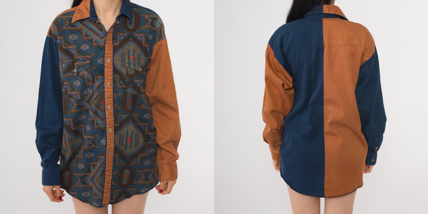 90s Panhandle Slim Western Shirt Aztec Colorblock Snap Button Medium