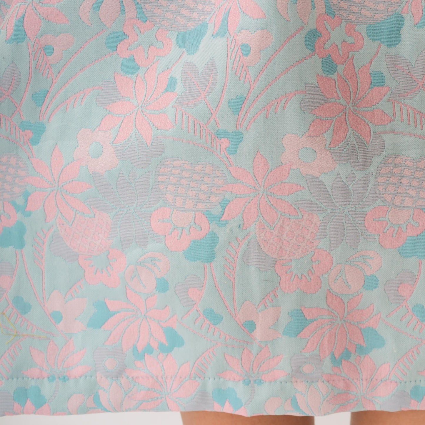 70s Pink Aqua Floral Mini Dress Long Sleeve Mock Neck A-Line Large