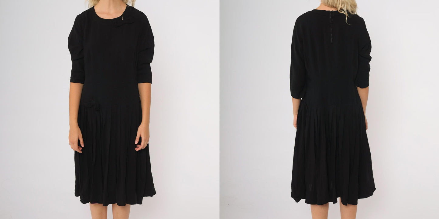 50s Black Pleated Midi Dress Drop Waist Bow Detail Round Neck Medium M