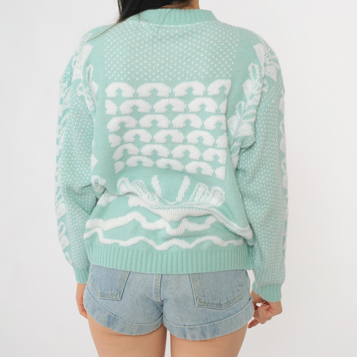 80s Mint Green Geometric Knit Sweater Crewneck Pullover Medium Petite