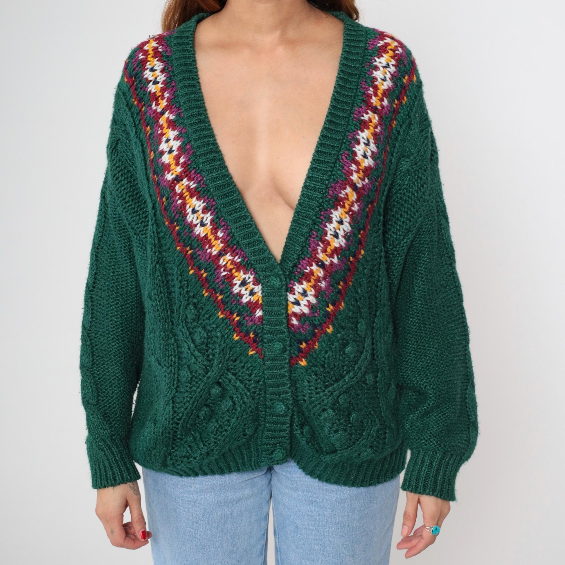 90s Contrasts Cable Knit Cardigan Forest Green Fair Isle V-Neck Medium M