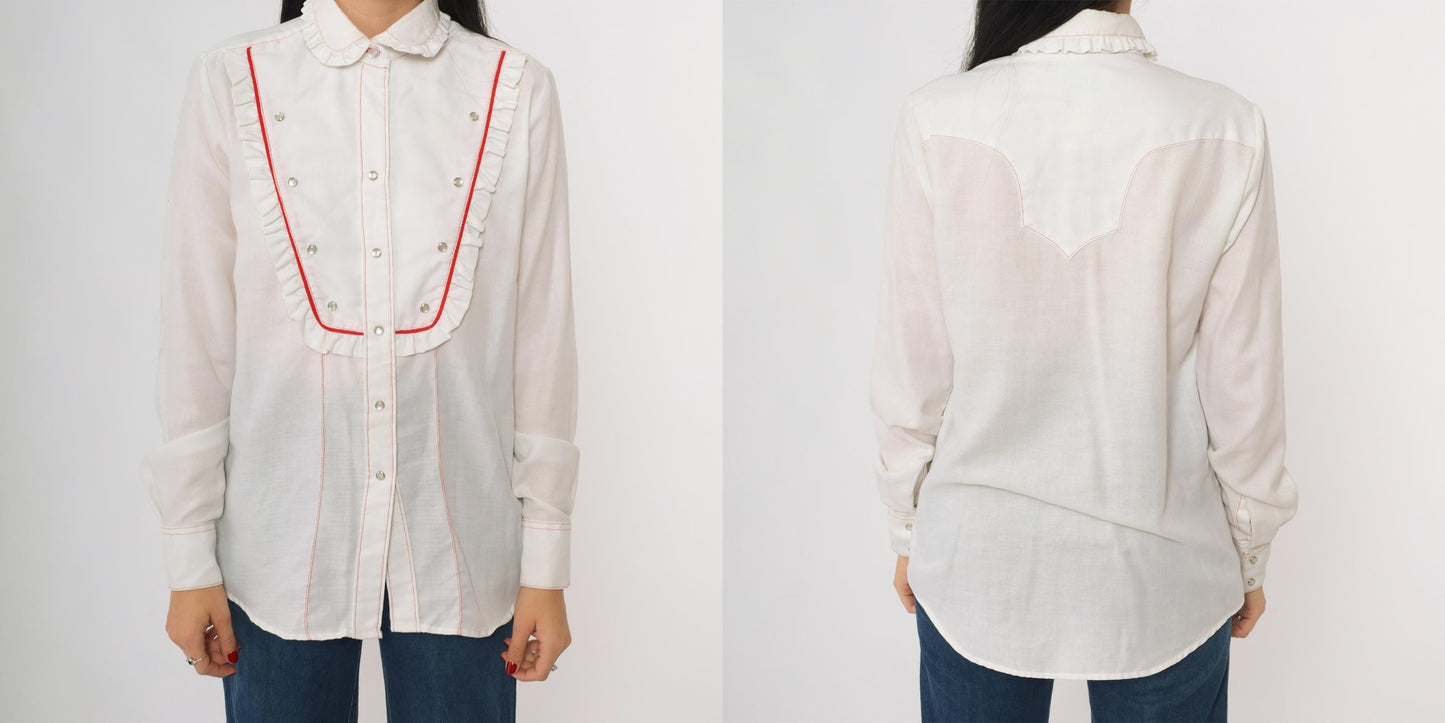 80s Rockmount Ranch Wear Western Bib Shirt White Red Piping Pearl Snap Medium