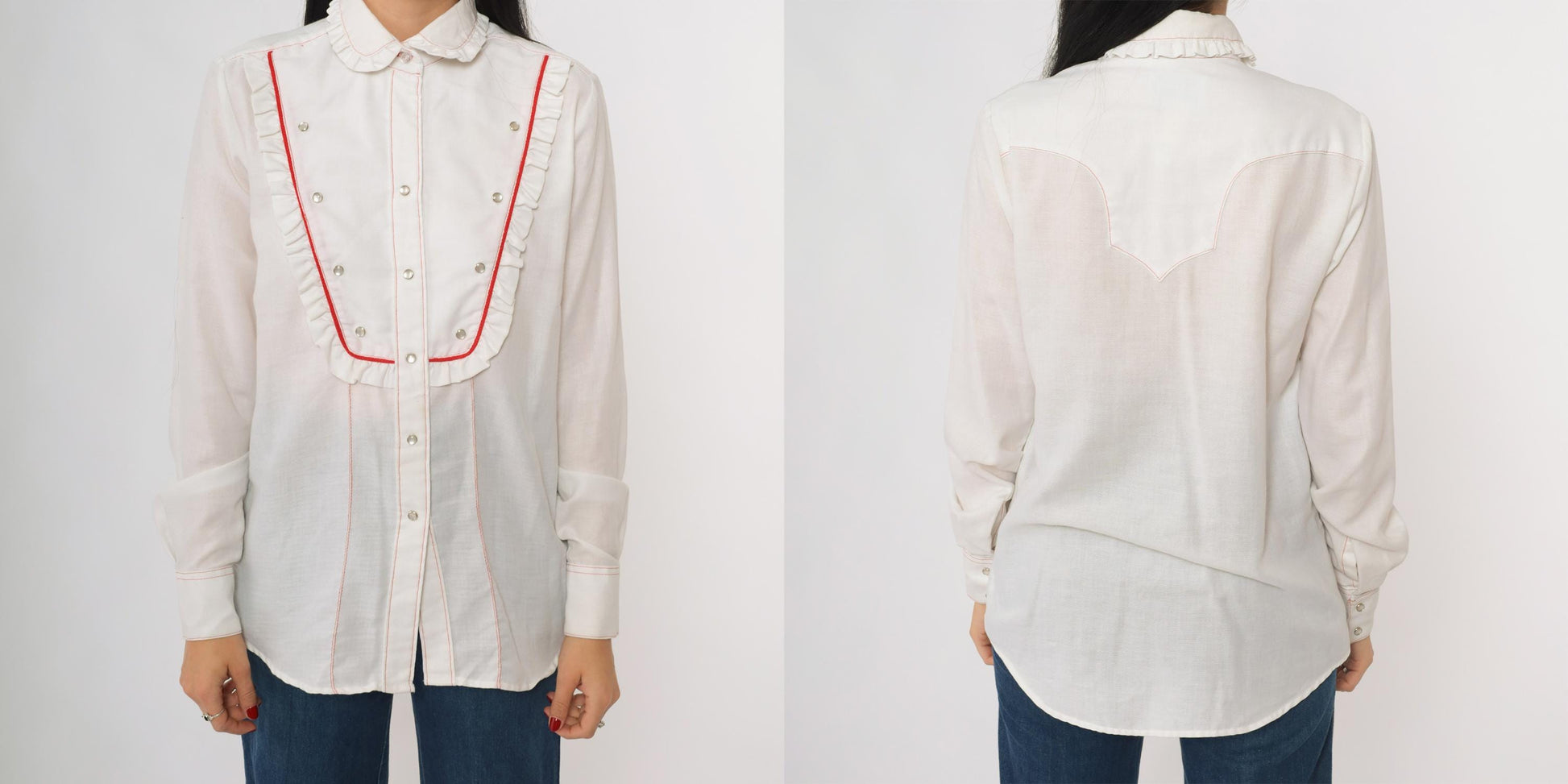 80s Rockmount Ranch Wear Western Bib Shirt White Red Piping Pearl Snap Medium
