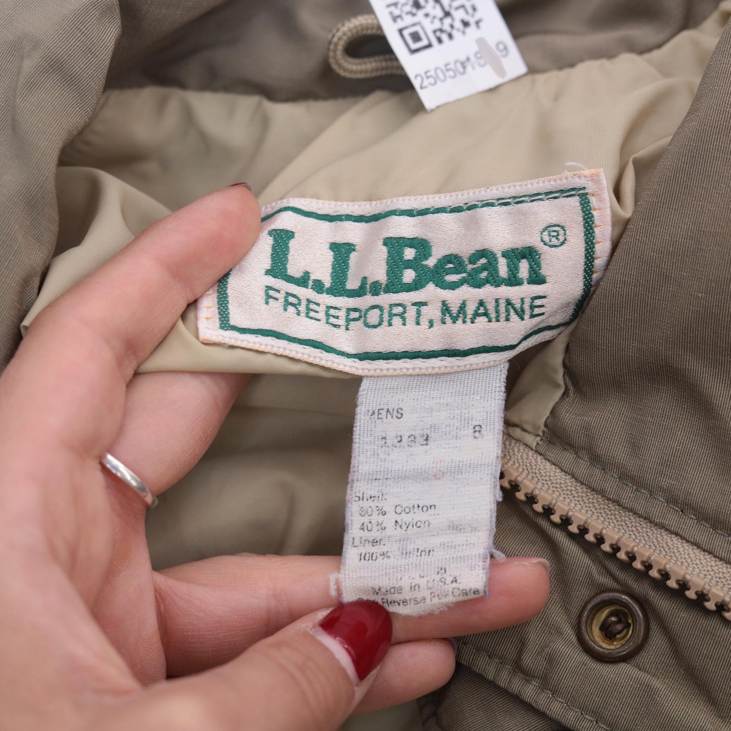 LL Bean Khaki Bomber Jacket 90s Zip Front Utility Flight Windbreaker Small
