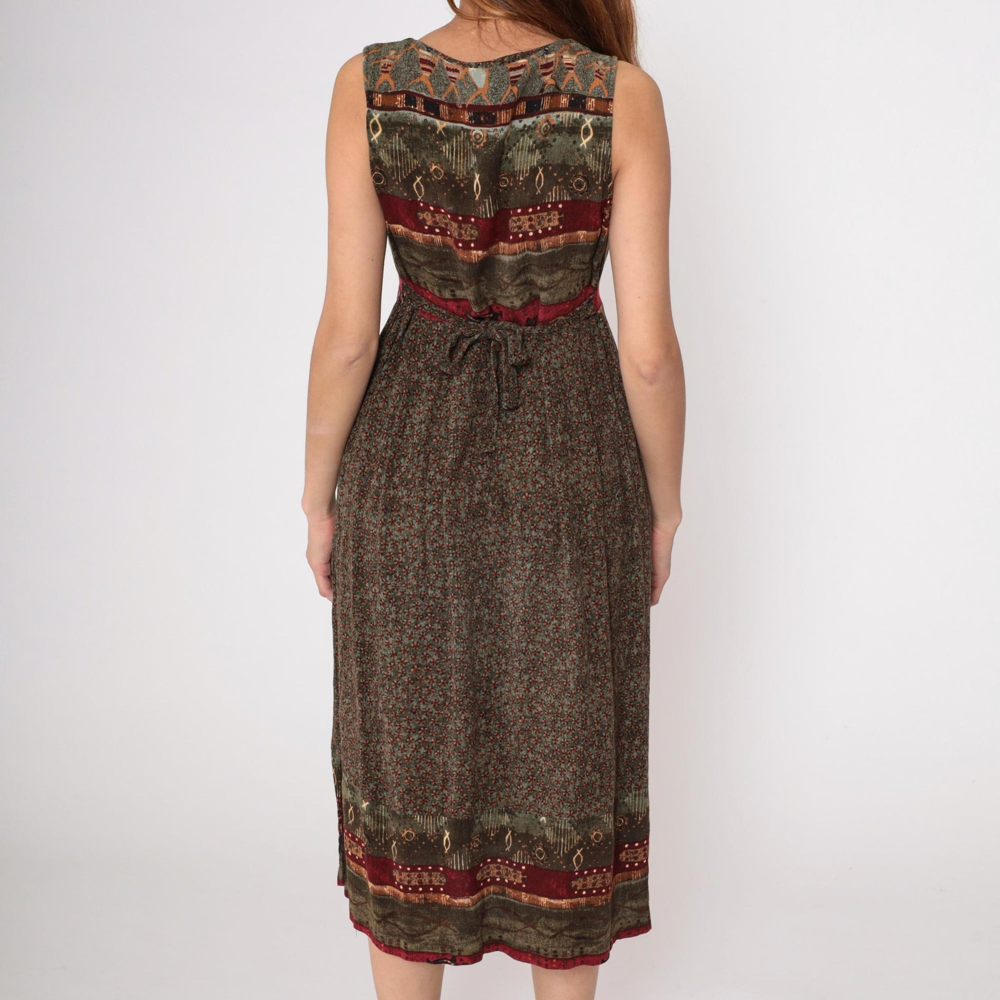 90s Patchwork Midi Dress Tribal Print Button Front Sleeveless Small S