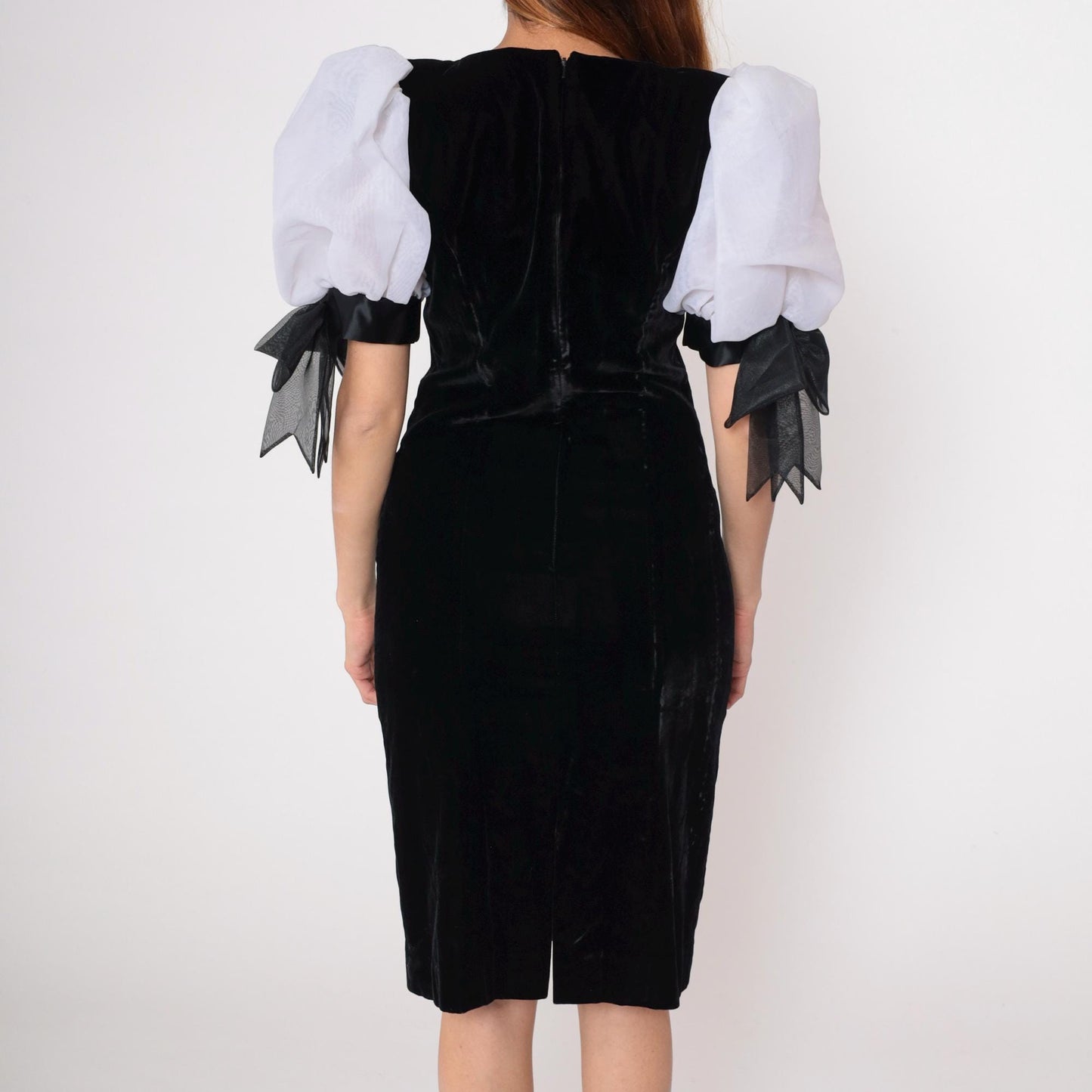 80s Rimini Black Velvet Midi Dress Puff Sleeves White Bow Ties Medium