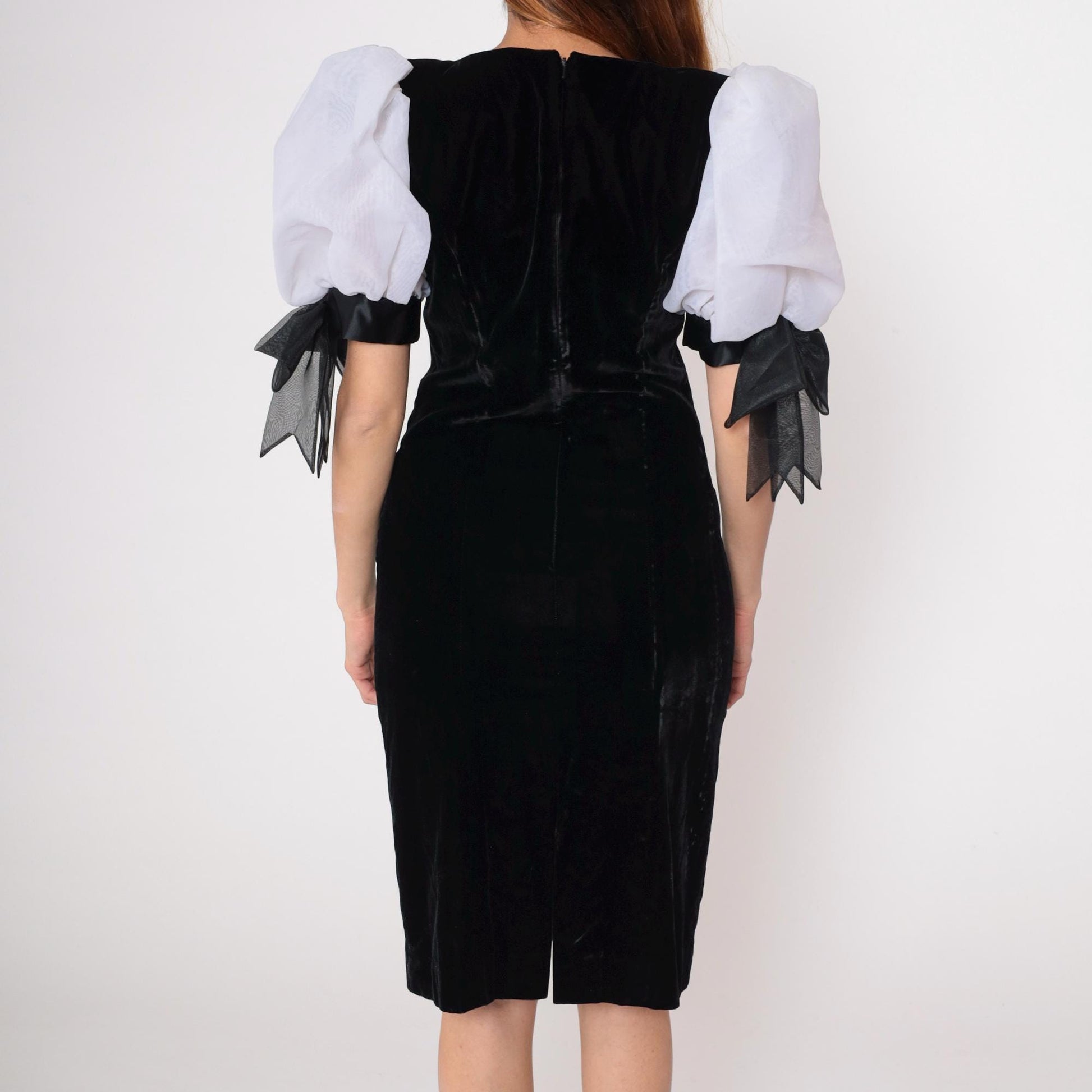 80s Rimini Black Velvet Midi Dress Puff Sleeves White Bow Ties Medium