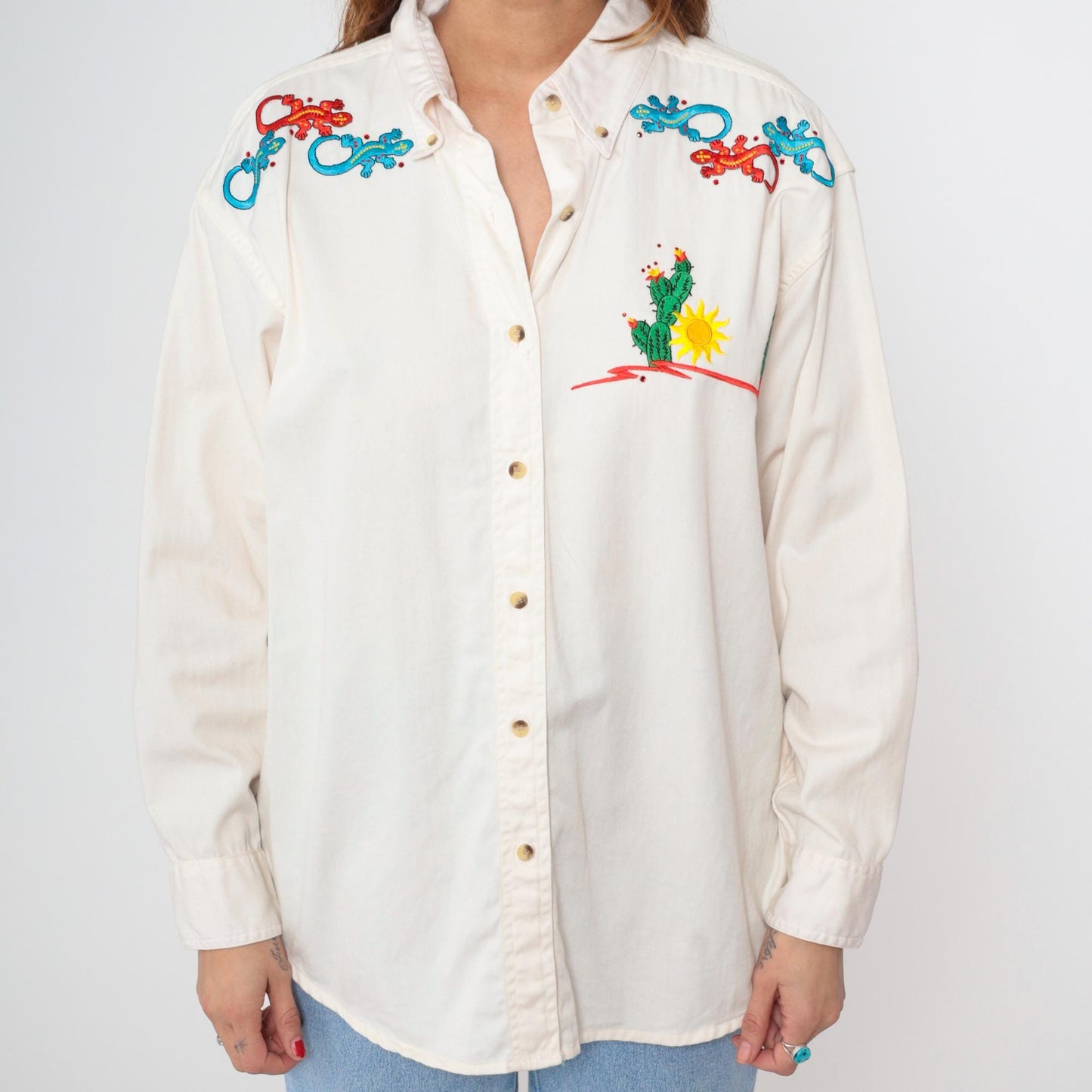 90s Pro Elite Cactus Gecko Embroidered Western Shirt White Cotton Large L