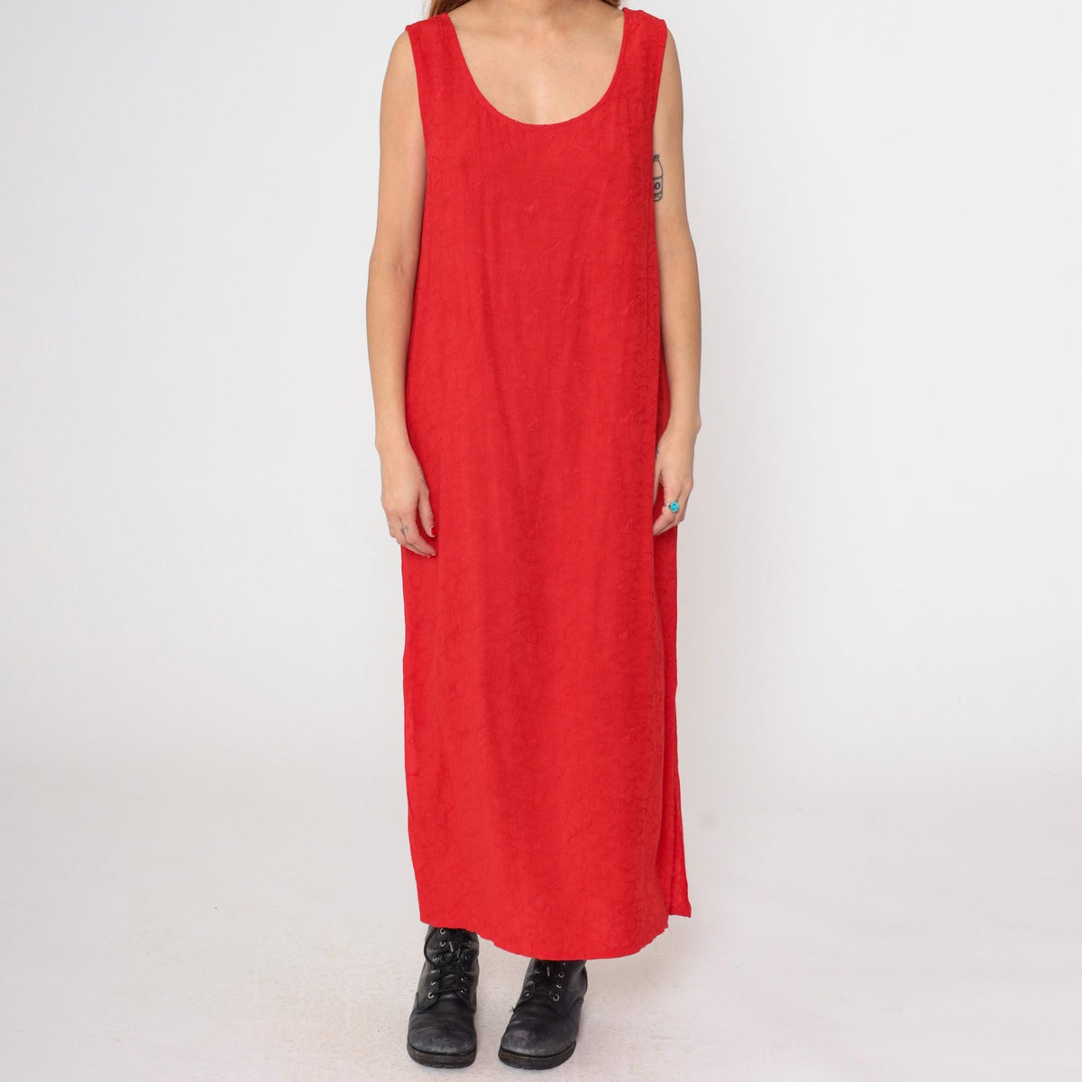 90s Red Rayon Maxi Dress Sleeveless Tank Column Large L