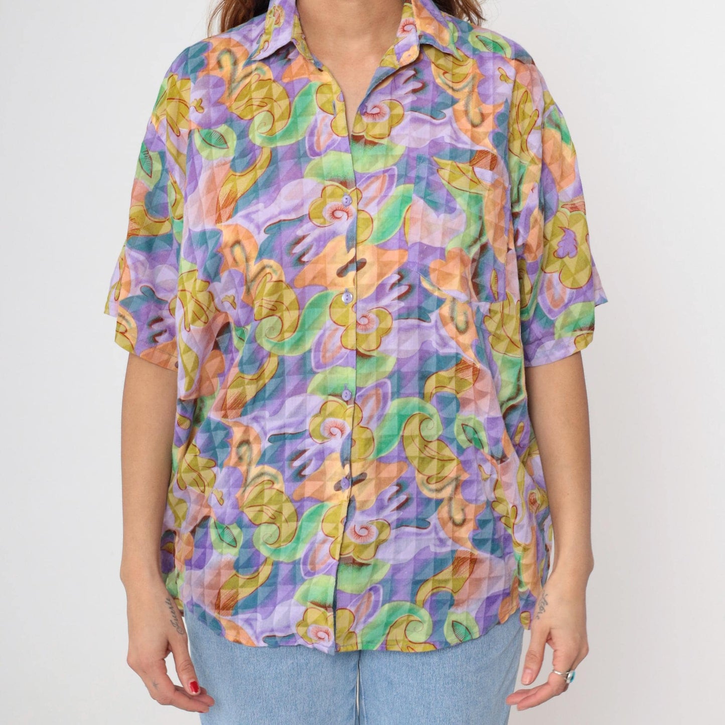 90s Rolls Abstract Psychedelic Swirl Button-Down Shirt Purple Green Extra Large XXL