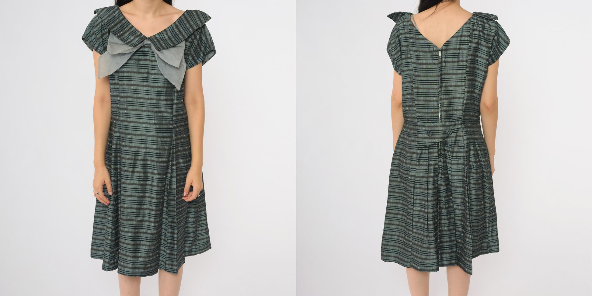 60s Gray Striped Bow Dress A-Line Midi Cap Sleeve V-Neck Large L