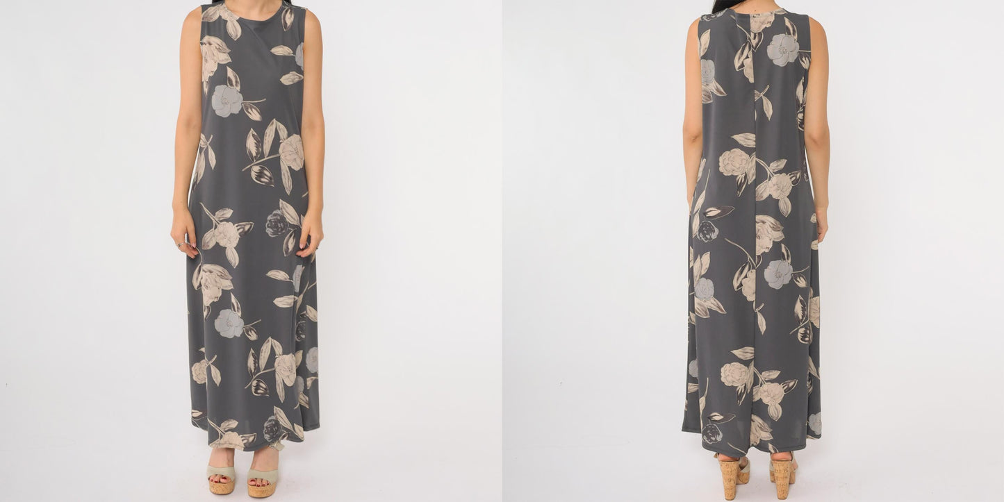 90s Kathie Lee Collection Grey Floral Maxi Dress Sleeveless Tank Medium M