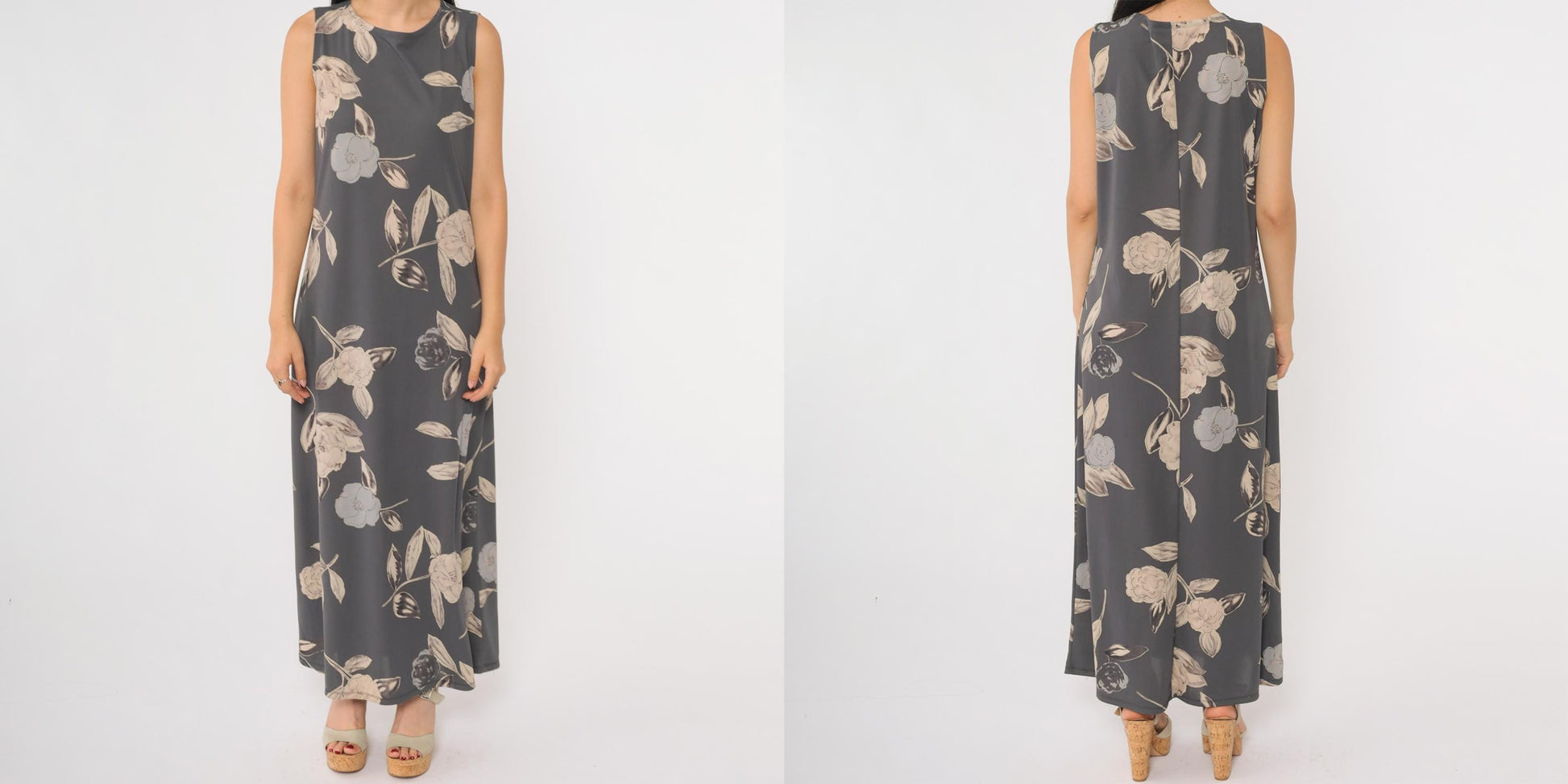 90s Kathie Lee Collection Grey Floral Maxi Dress Sleeveless Tank Medium M