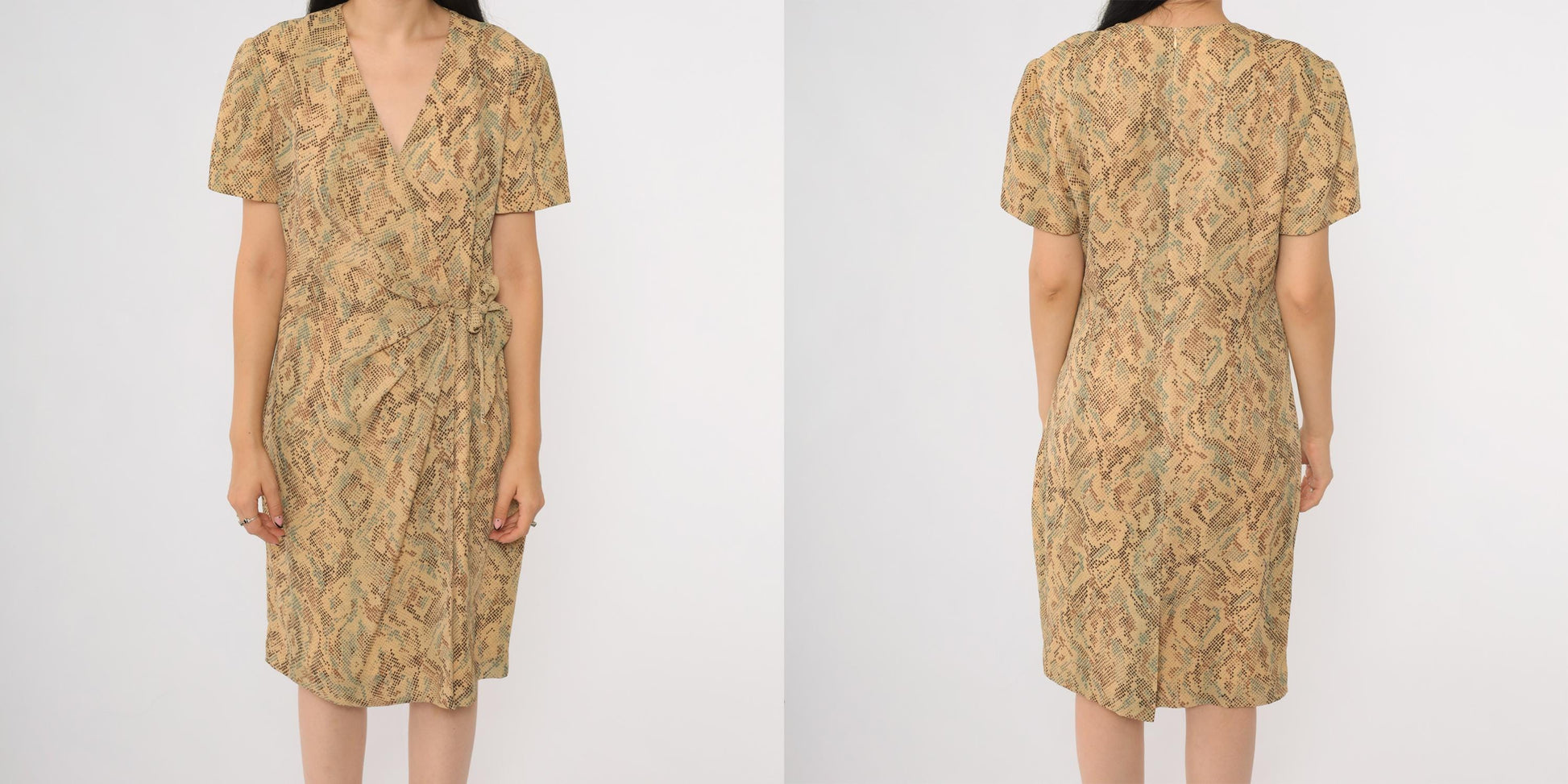 90s Talbots Snake Print Wrap Dress Short Sleeve V-Neck Beige Brown Medium