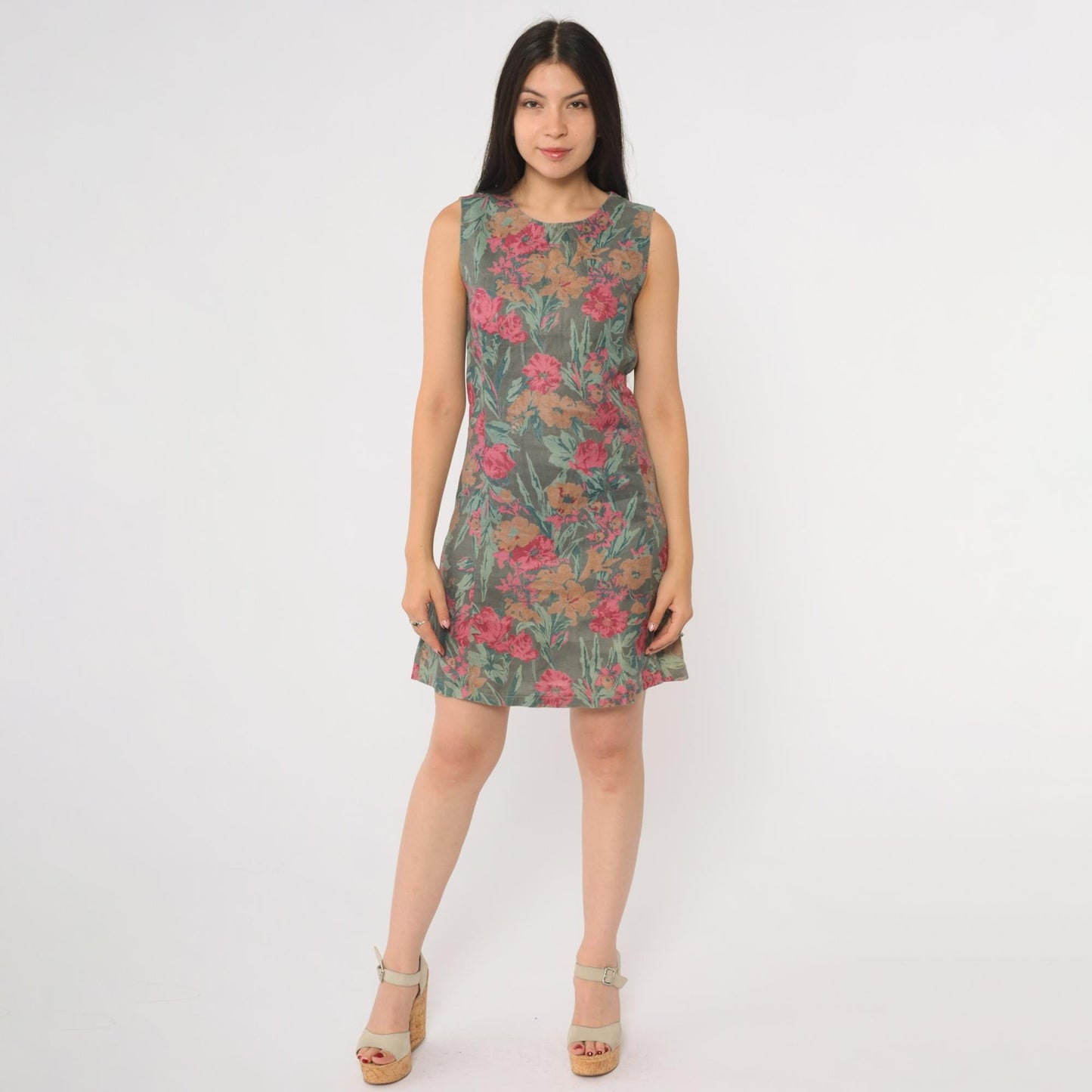 90s Floral Shift Dress Grey Green Pink Brown Botanical Midi Sleeveless Small
