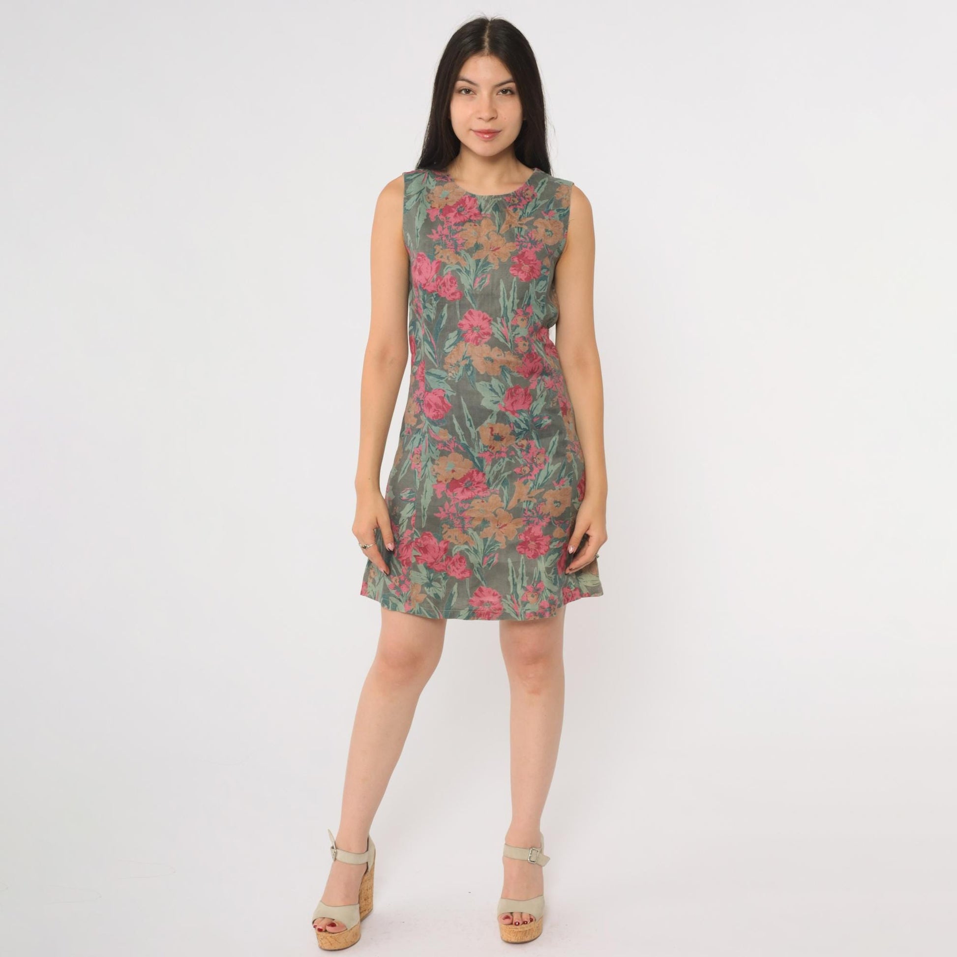90s Floral Shift Dress Grey Green Pink Brown Botanical Midi Sleeveless Small
